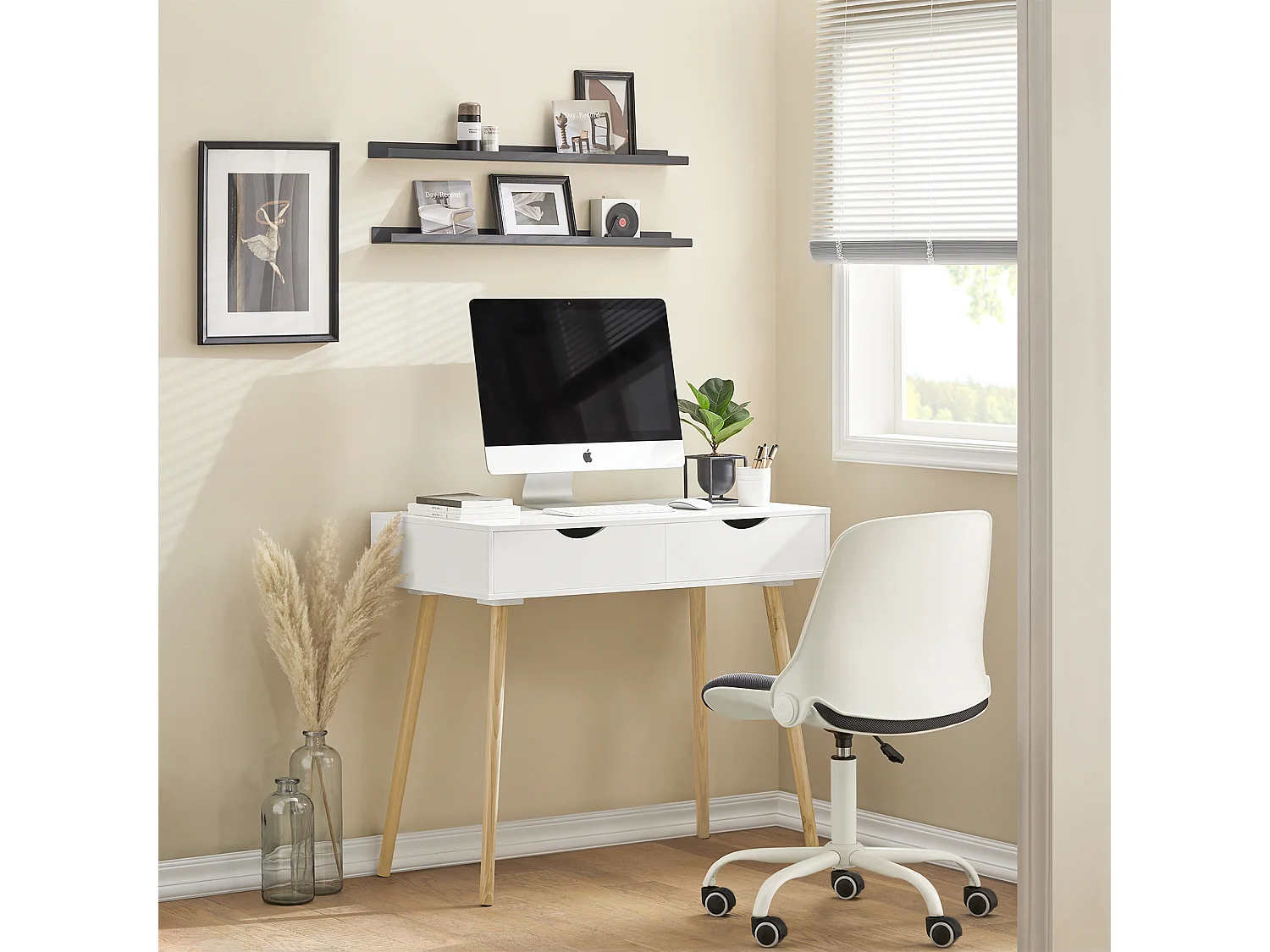 SoBuy Scrivania,Porta PC,Tavolo per Computer,con due cassetti,bianco,FWT40-WN