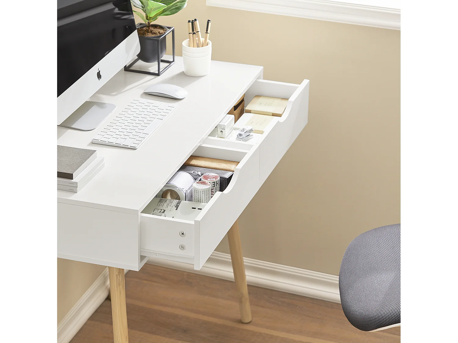 SoBuy Scrivania,Porta PC,Tavolo per Computer,con due cassetti,bianco,FWT40-WN