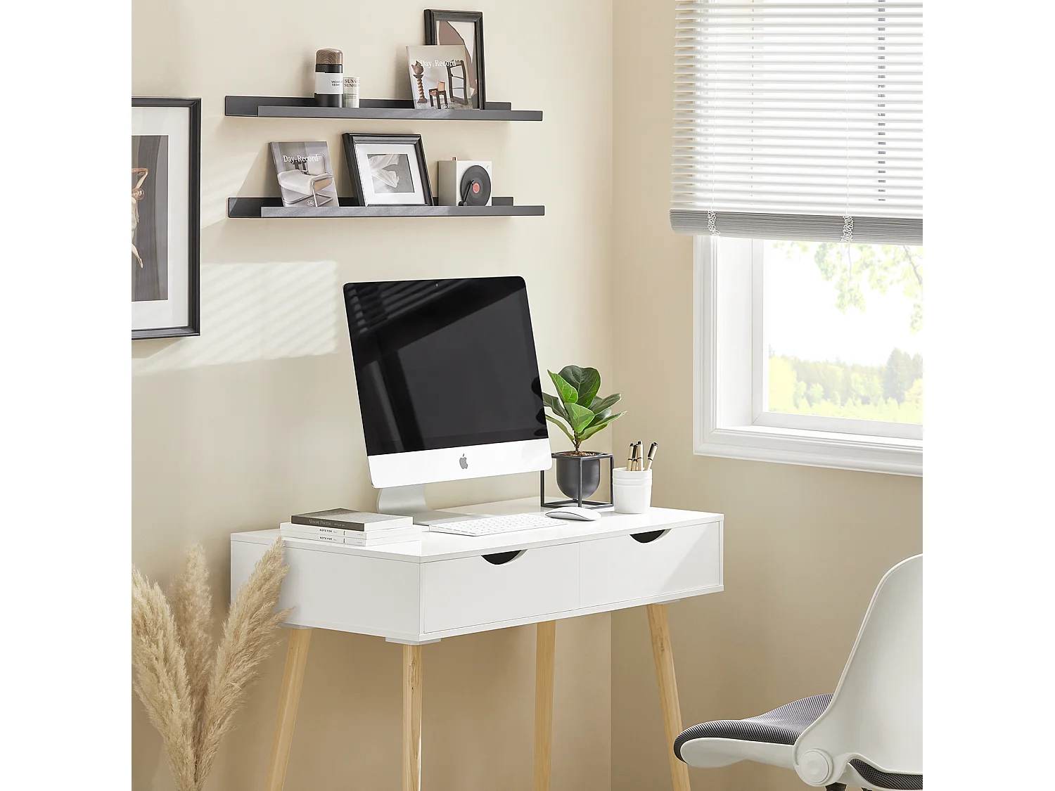 SoBuy Scrivania,Porta PC,Tavolo per Computer,con due cassetti,bianco,FWT40-WN