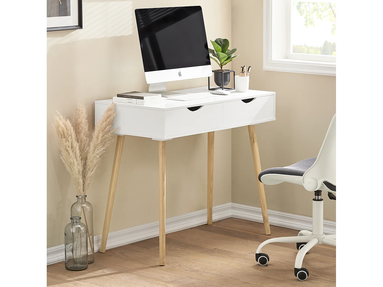 SoBuy Scrivania,Porta PC,Tavolo per Computer,con due cassetti,bianco,FWT40-WN