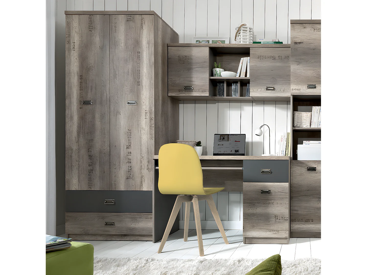 Schrank, 2 Türen, 2 Schubladen Abel Holz und Grau