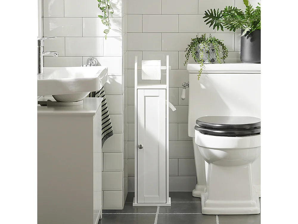 SoBuy FRG135-W Toiletrolhouder Vrijstaand Badkamermeubel Toiletborstel Wit