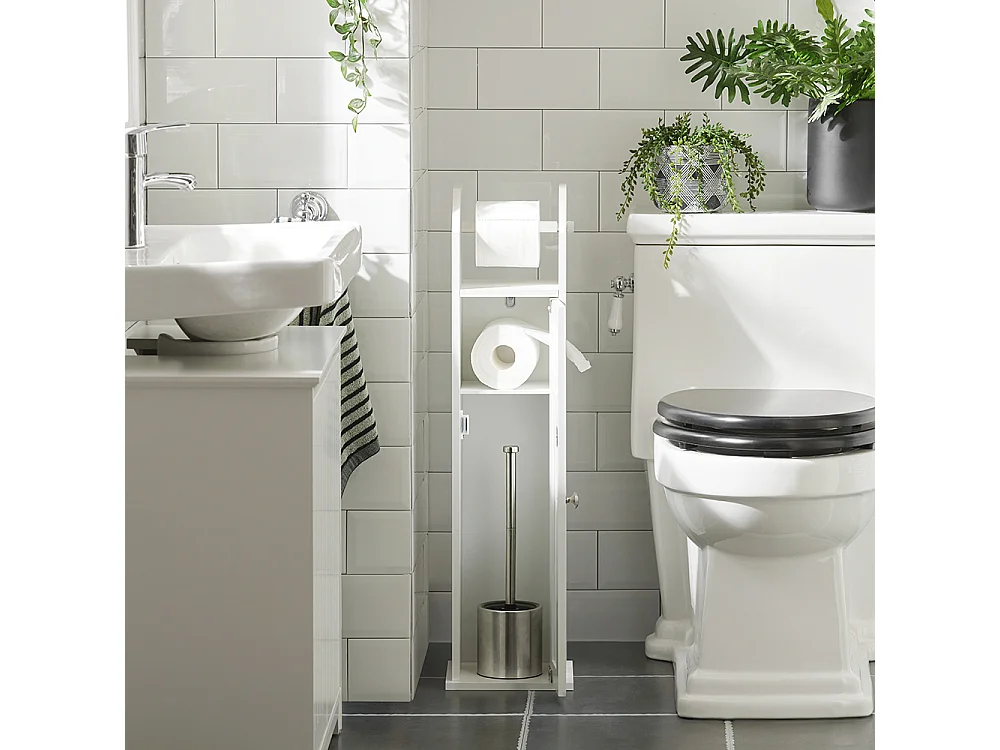 SoBuy FRG135-W Toiletrolhouder Vrijstaand Badkamermeubel Toiletborstel Wit