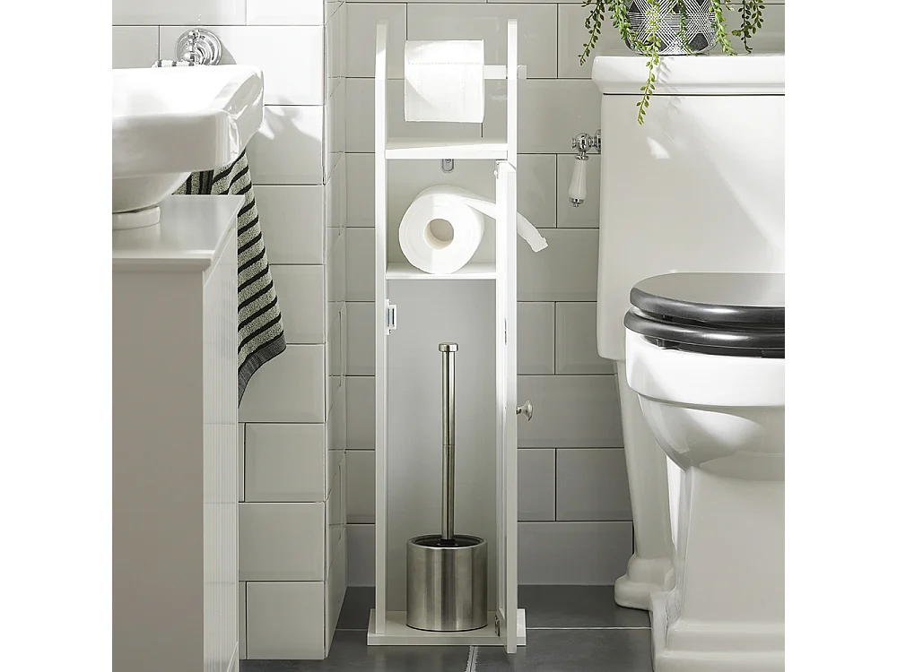 SoBuy FRG135-W Toiletrolhouder Vrijstaand Badkamermeubel Toiletborstel Wit