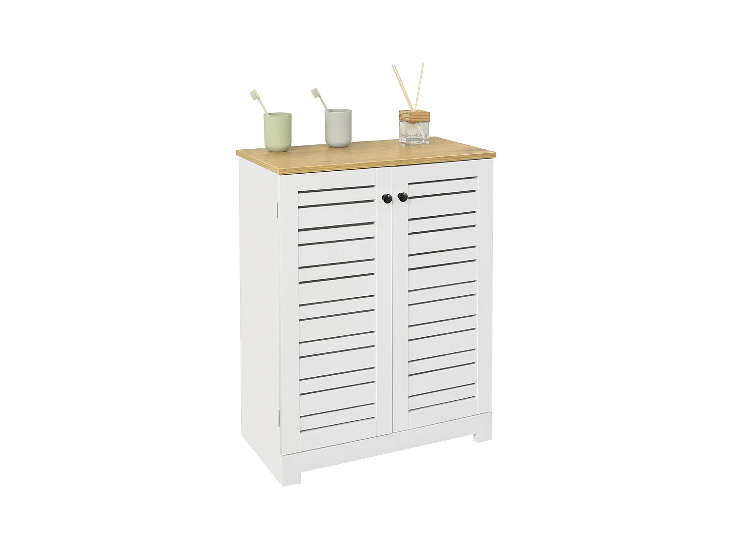 Meuble Bas Placard De Rangement Armoire Meuble De Salle De Bain Avec 2 Portes Persiennes, BZr41-w