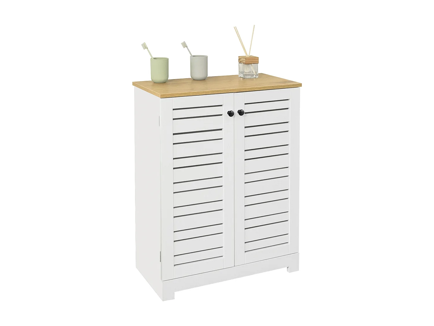 Meuble Bas Placard De Rangement Armoire Meuble De Salle De Bain Avec 2 Portes Persiennes, BZr41-w