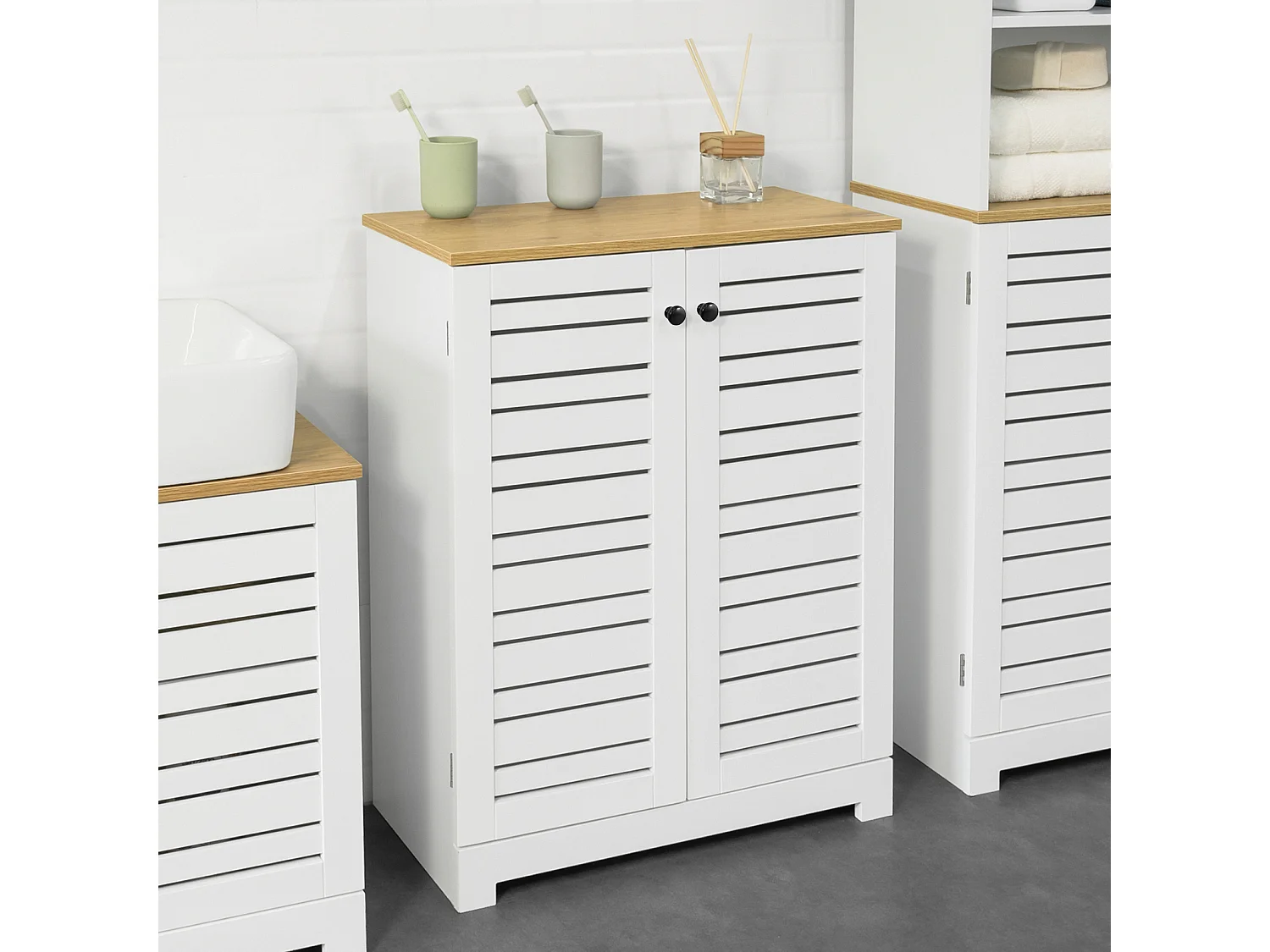 Meuble Bas Placard De Rangement Armoire Meuble De Salle De Bain Avec 2 Portes Persiennes, BZr41-w