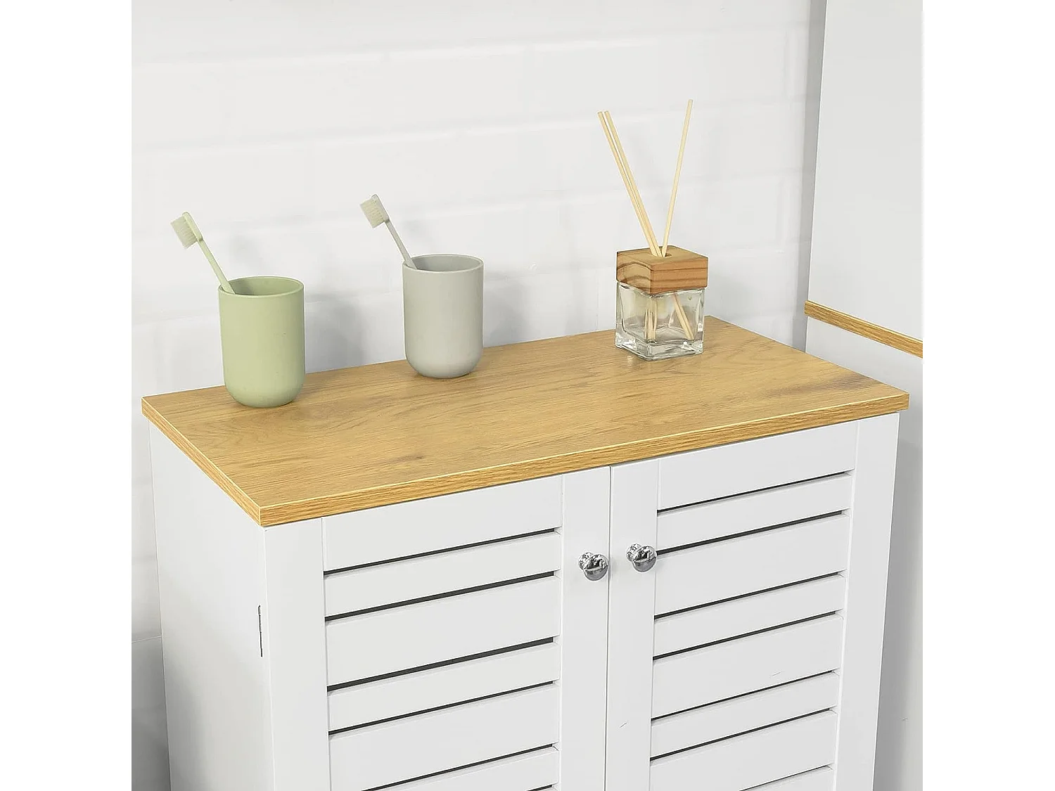 Meuble Bas Placard De Rangement Armoire Meuble De Salle De Bain Avec 2 Portes Persiennes, BZr41-w