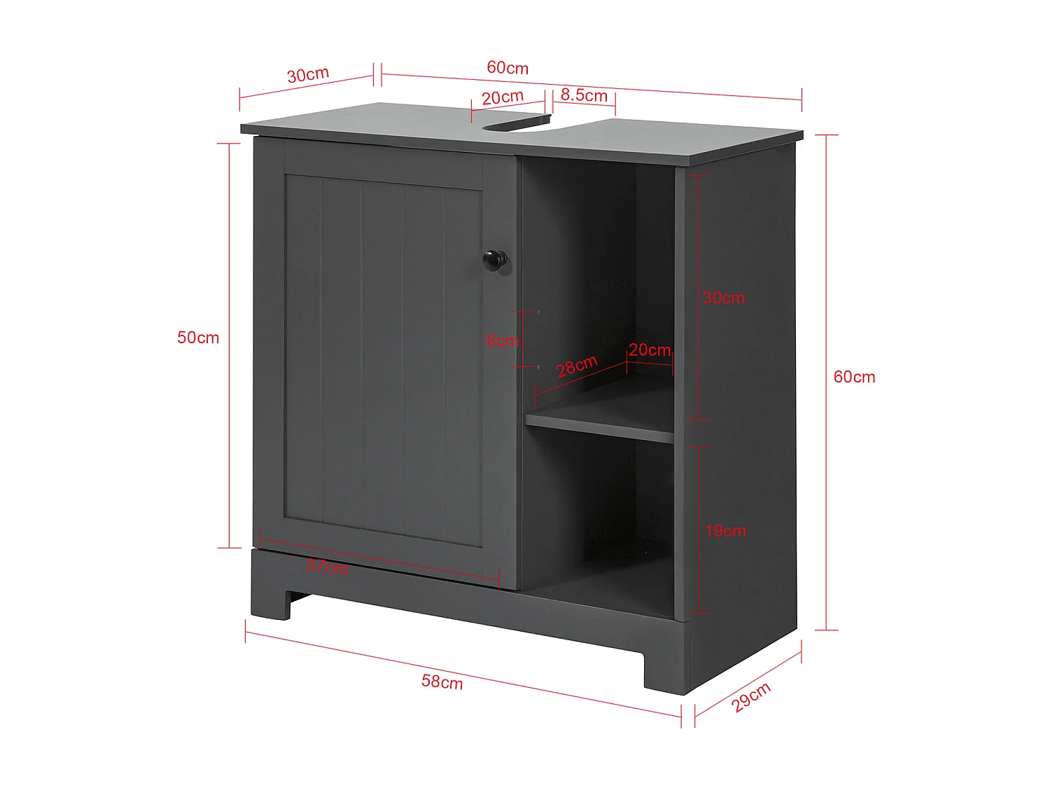 SoBuy BZR38-DG Wastafelmeubel Onderbouw of wastafel Wastafelmeubel met 1 deur en 2 verwijderbare vochtbestendige planken 60 x 30 x 60 cm - Donkergrijs