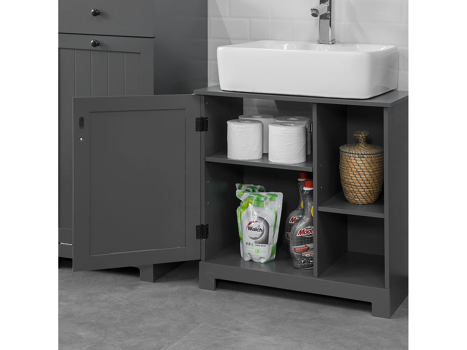 SoBuy BZR38-DG Wastafelmeubel Onderbouw of wastafel Wastafelmeubel met 1 deur en 2 verwijderbare vochtbestendige planken 60 x 30 x 60 cm - Donkergrijs