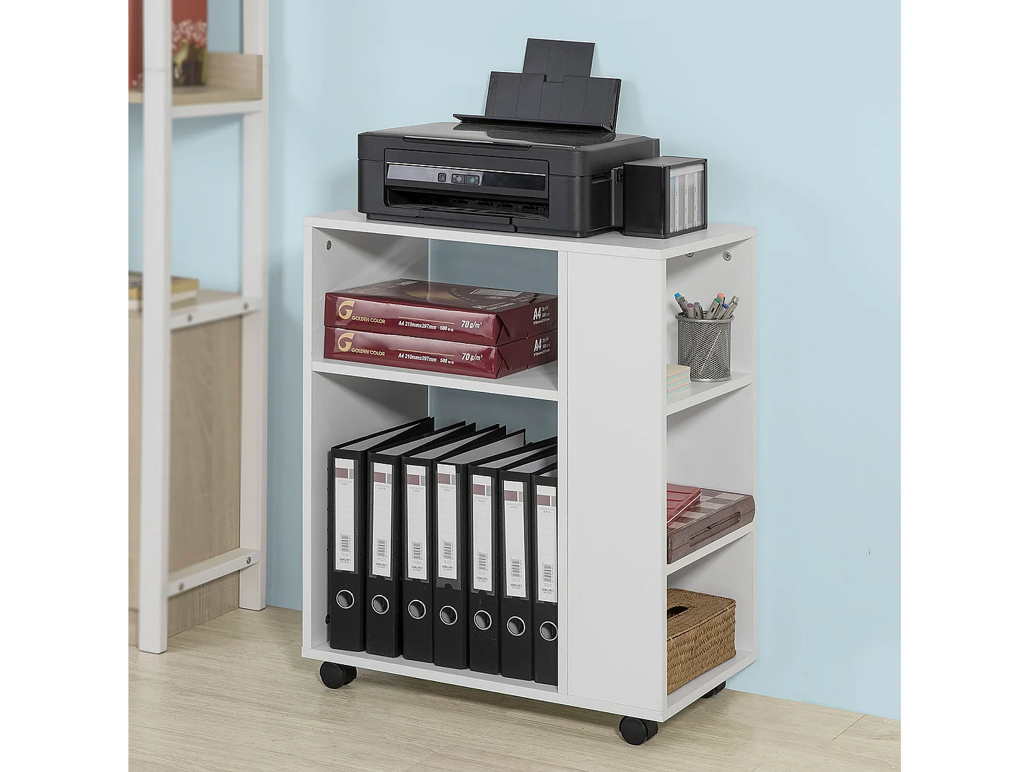 SoBuy Tavolino Salotto con Ruote,Porta Stampante, Bianco,Altezza 75 cm, FBT68-