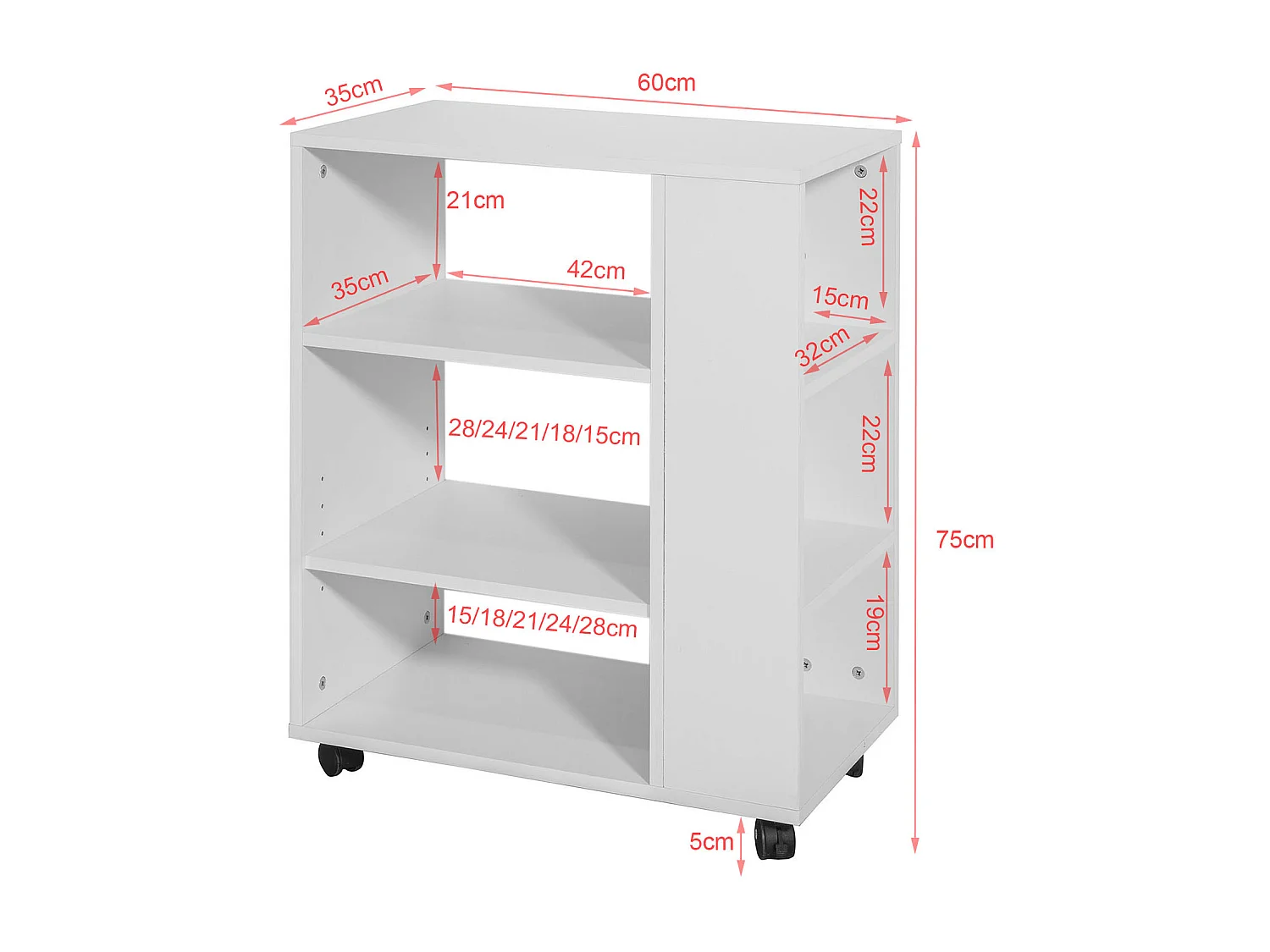 SoBuy Tavolino Salotto con Ruote,Porta Stampante, Bianco,Altezza 75 cm, FBT68-