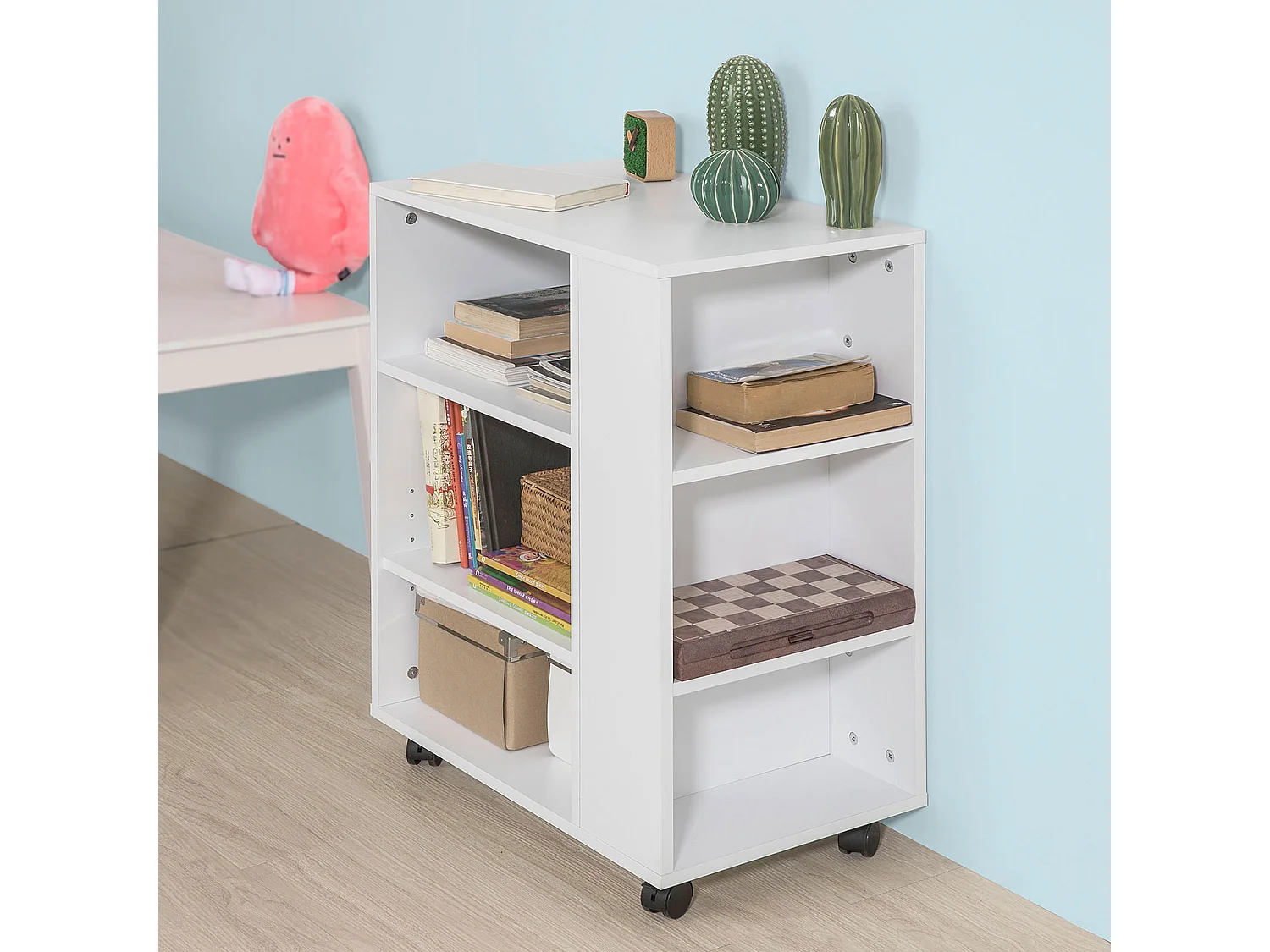 Bout De Canapé Table Roulante Avec Étagères De Rangement Bibliothèque À Roulettes, Fbt68-w