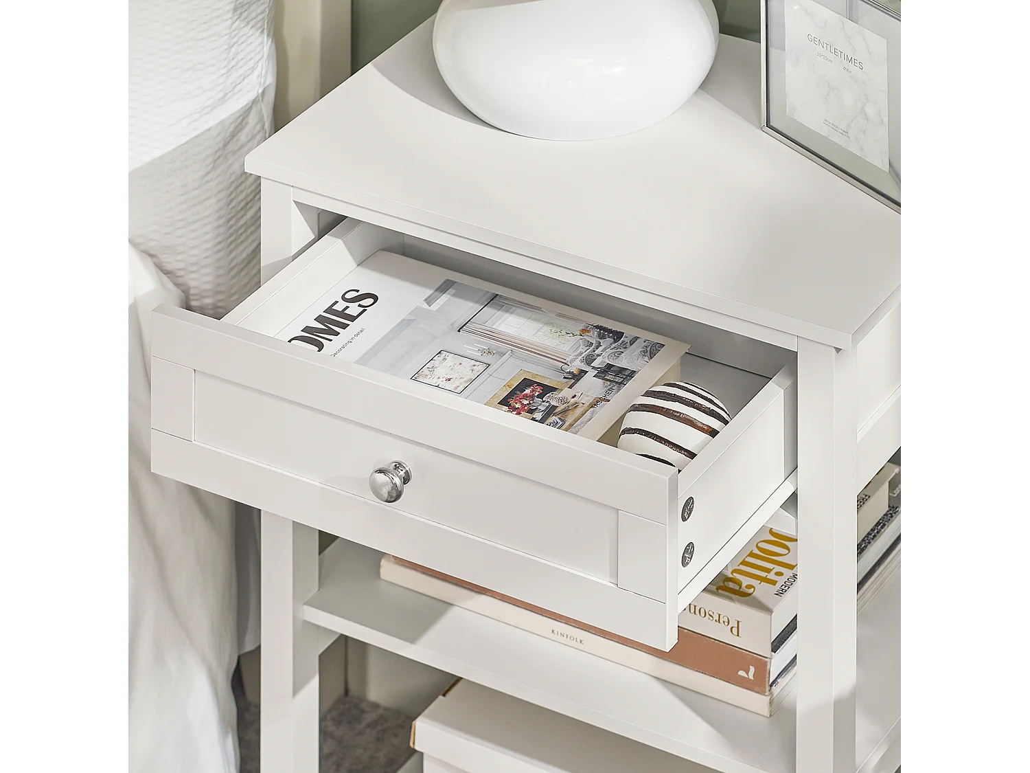 Table De Chevet Bout De Canapé Table D'appoint 1 Tiroir Et 2 Étagères De Rangement - Blanc, Fbt46-w