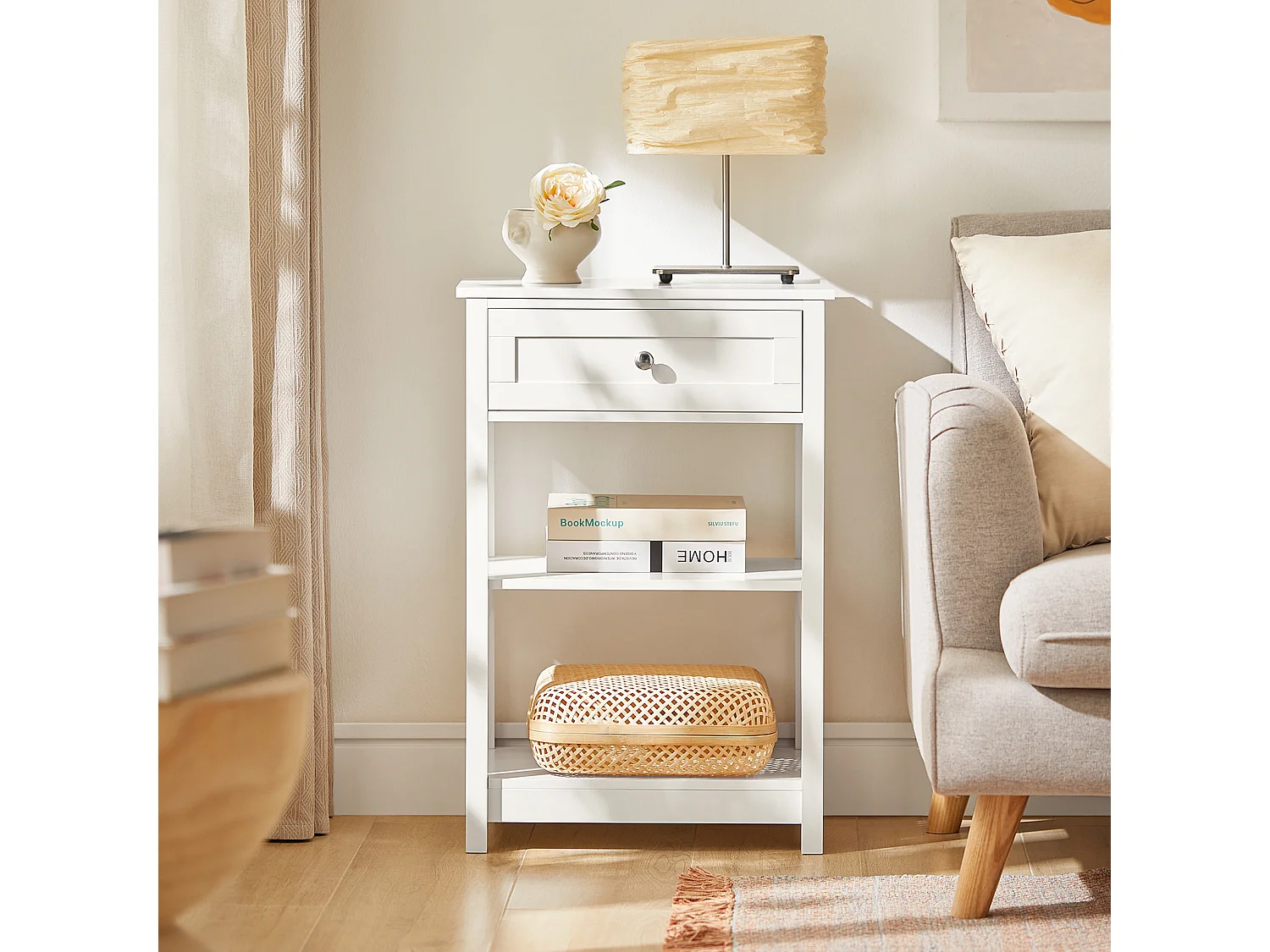 Narrow Nightstand - Single Drawer & Shelves - Modern