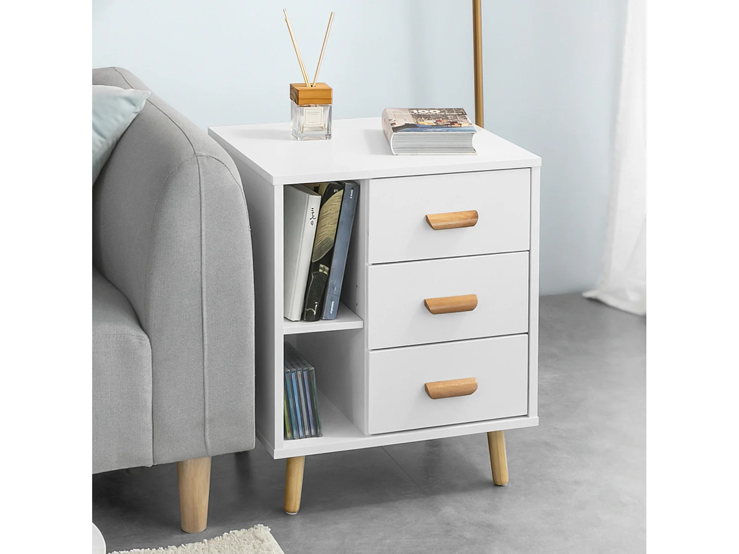 SoBuy FBT95-W Side Table End of Sofa Nachtkastje Nachtkastje met 3 lades en 2 opbergplanken