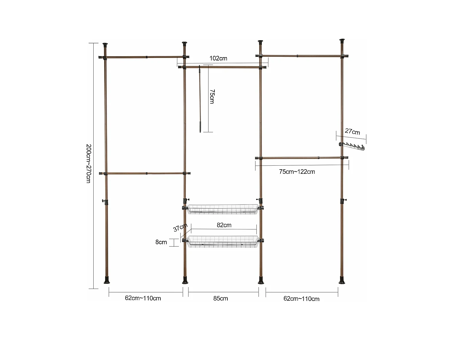 SoBuy Cabina Armadio Guardaroba componibile, Altezza e Lunghezza Regolabile Altezza :200-270 cm Marrone KLS04-BR
