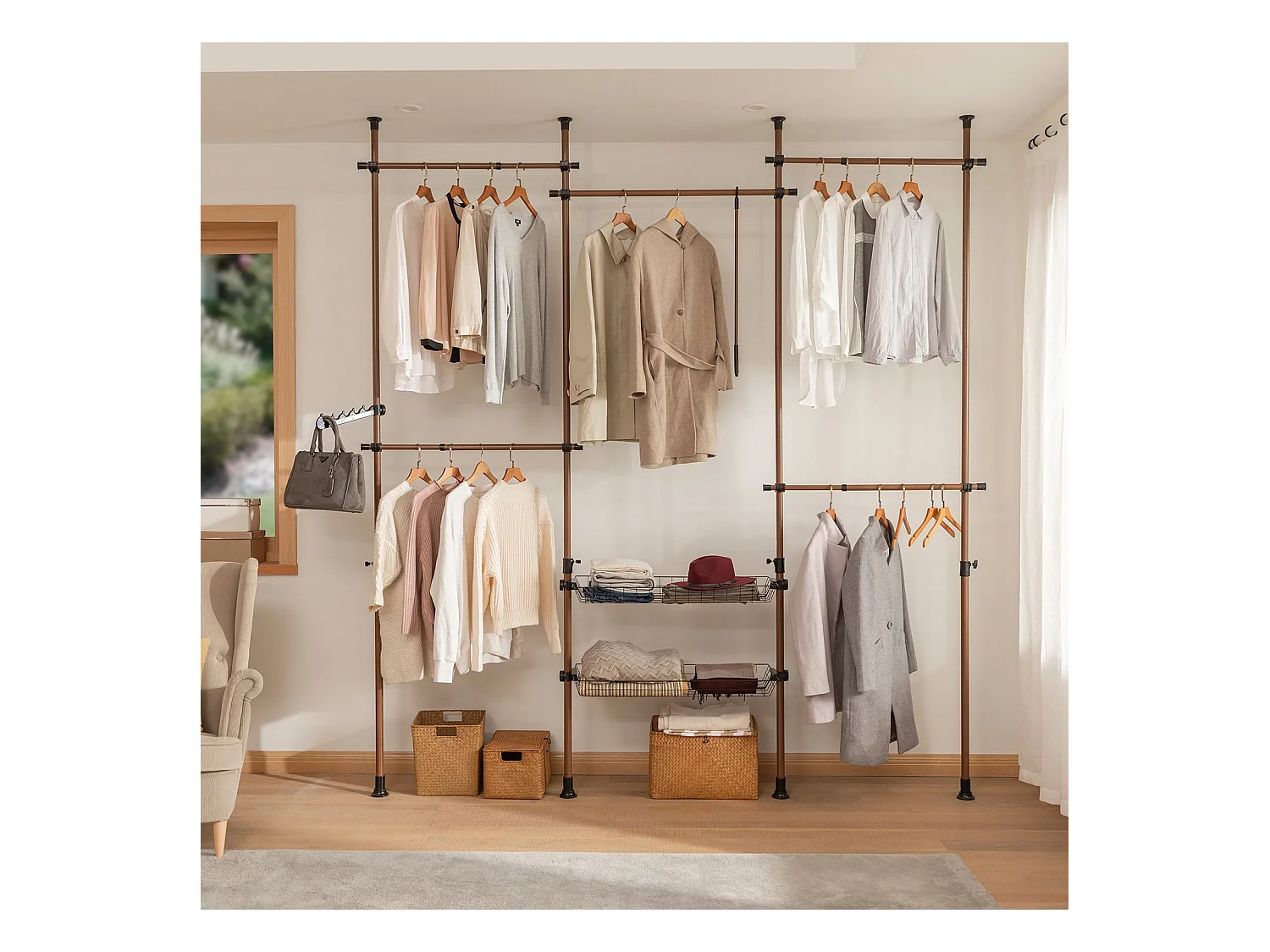 SoBuy Cabina Armadio Guardaroba componibile, Altezza e Lunghezza Regolabile Altezza :200-270 cm Marrone KLS04-BR