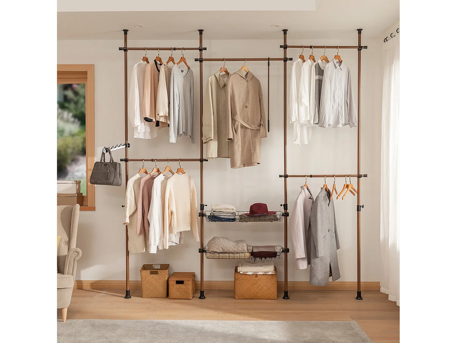 SoBuy Cabina Armadio Guardaroba componibile, Altezza e Lunghezza Regolabile Altezza :200-270 cm Marrone KLS04-BR