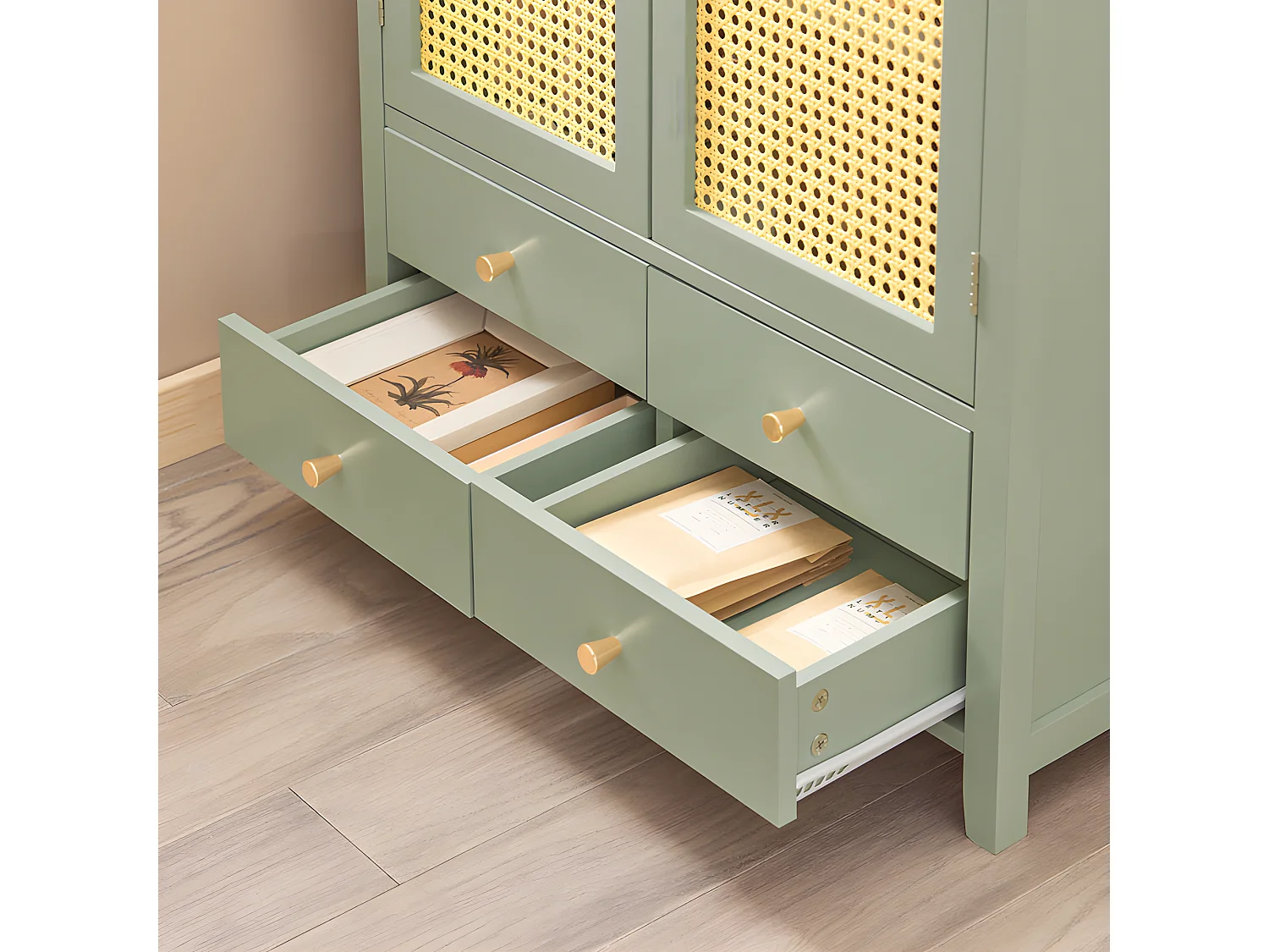 SoBuy FSB72-GR Schoenenkast, Schoenen Opbergkast, Schoenenrek, Bijzetkast, Schoenencommode met 4 Lades en 2 Deuren in Ploy Rattan