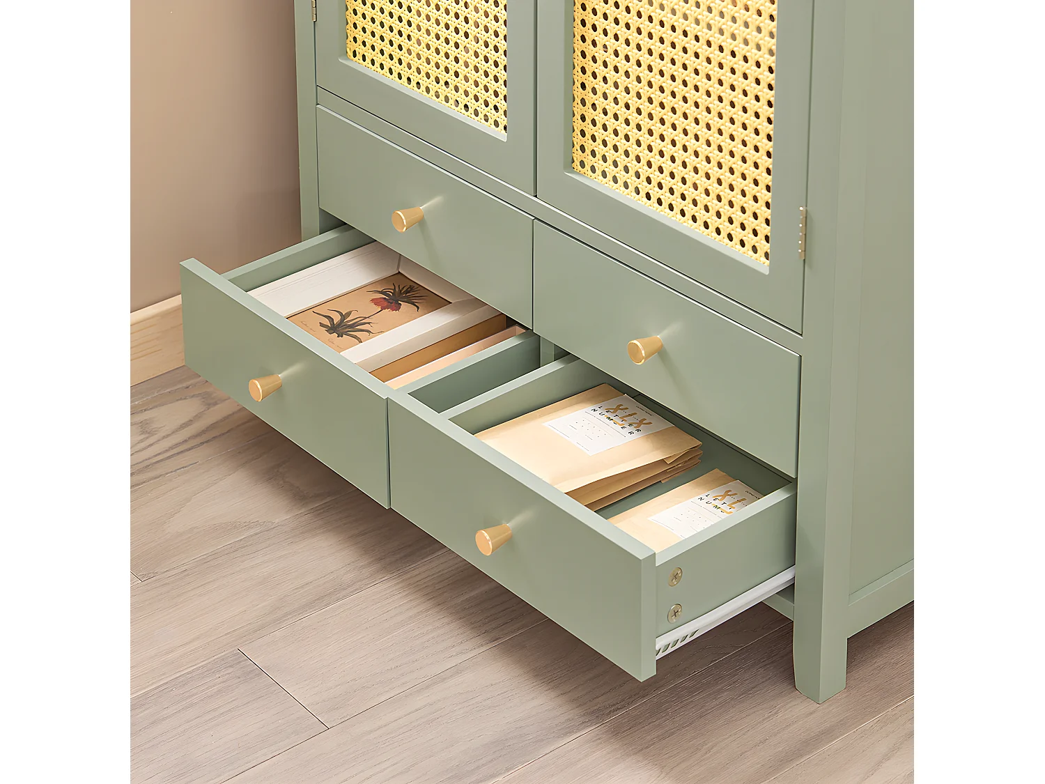 SoBuy FSB72-GR Schoenenkast, Schoenen Opbergkast, Schoenenrek, Bijzetkast, Schoenencommode met 4 Lades en 2 Deuren in Ploy Rattan