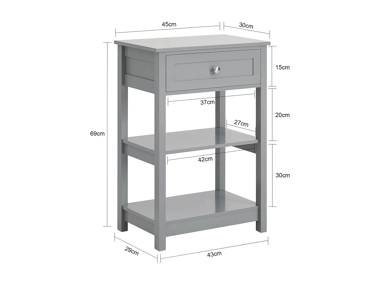 Table De Chevet Table De Nuit Bout De Canapé Table D'appoint Avec 1 Tiroir Et 2 Étagères, Fbt46-hg