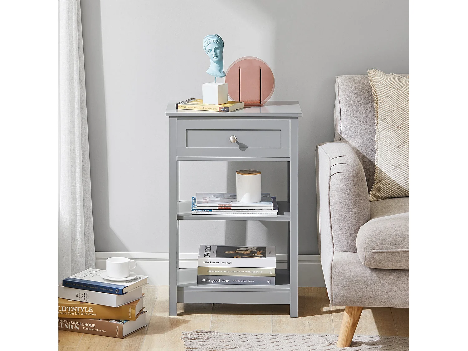 Table De Chevet Table De Nuit Bout De Canapé Table D'appoint Avec 1 Tiroir Et 2 Étagères, Fbt46-hg