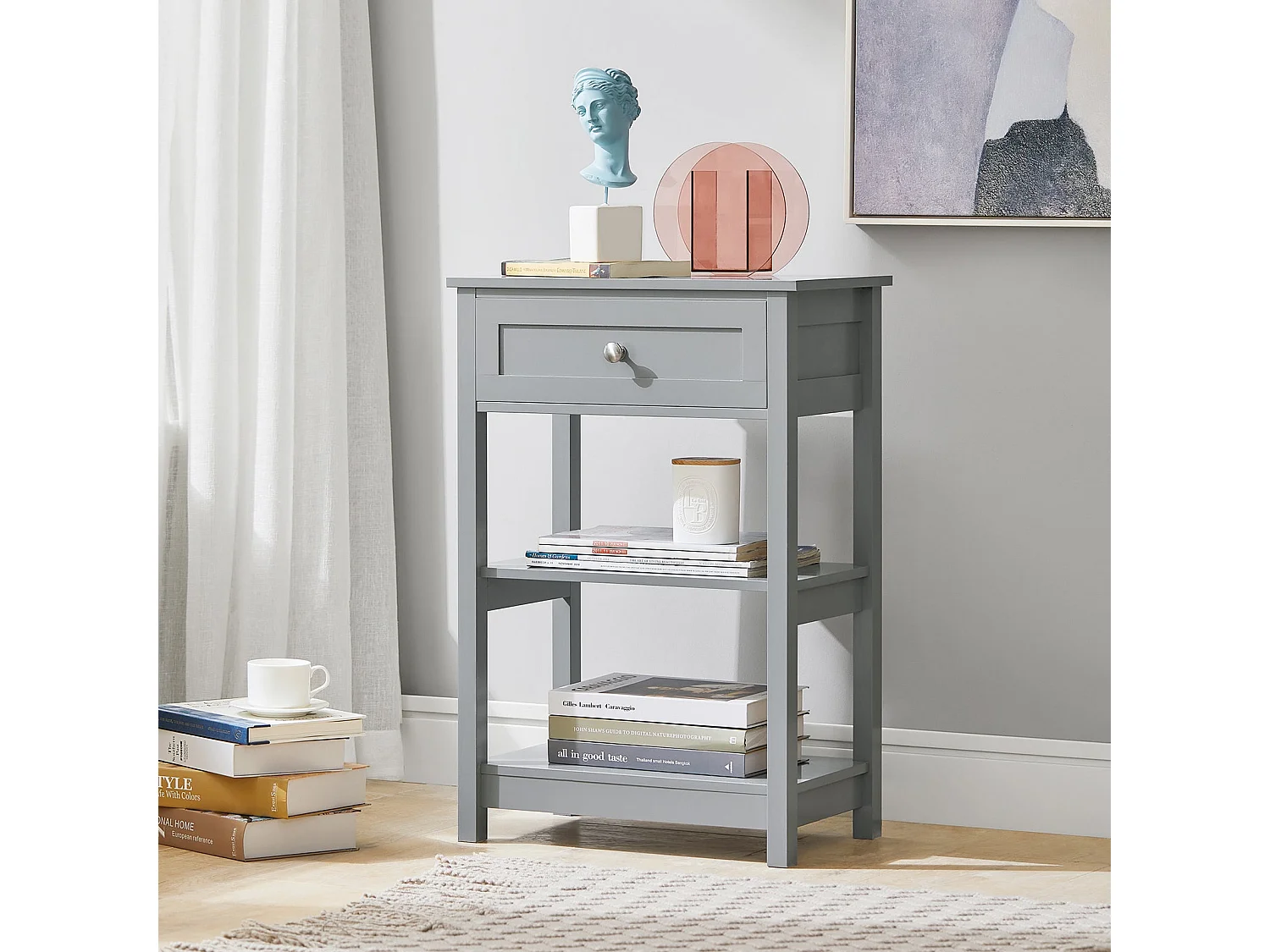 Table De Chevet Table De Nuit Bout De Canapé Table D'appoint Avec 1 Tiroir Et 2 Étagères, Fbt46-hg