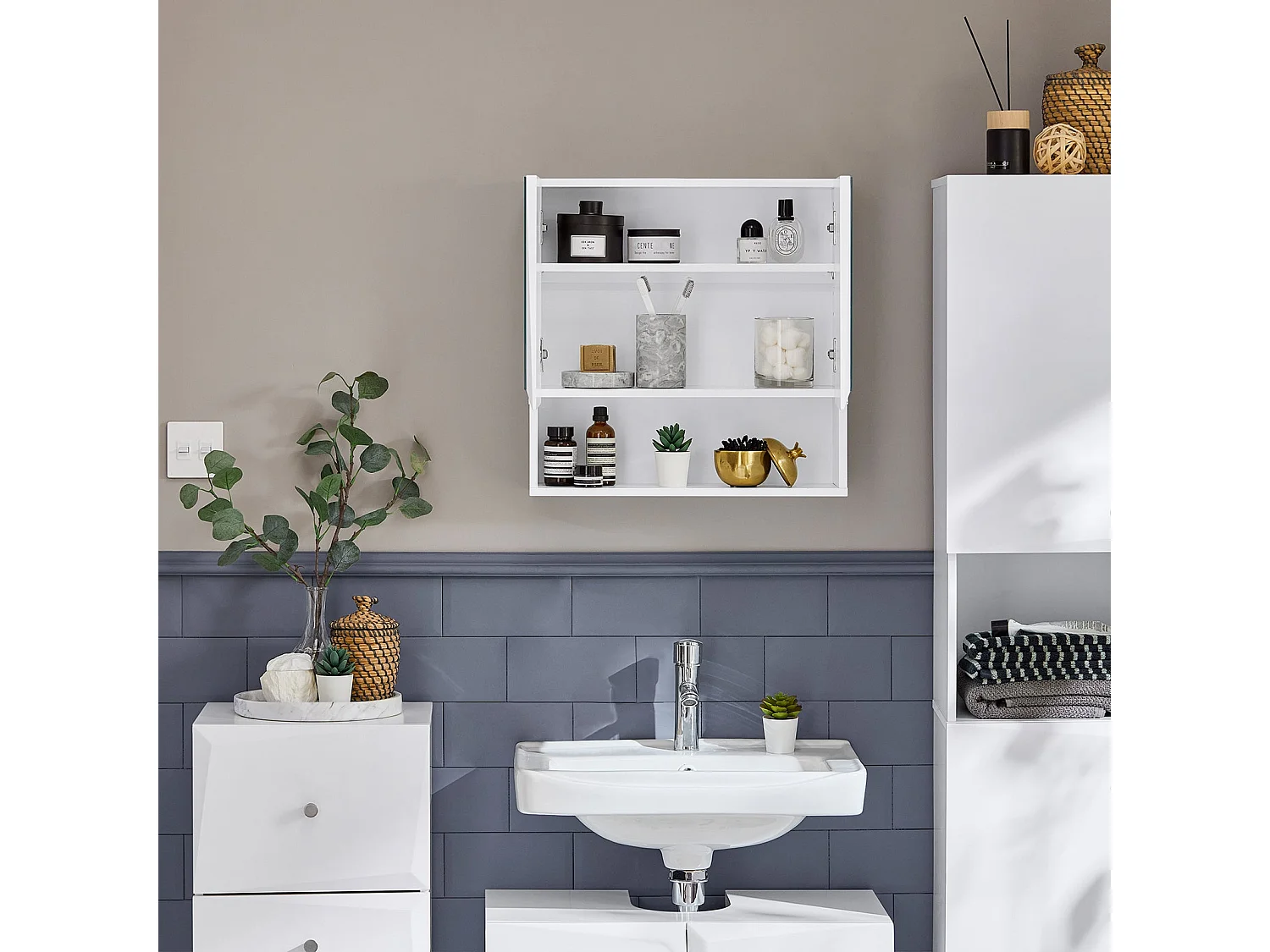 Meuble Haut De Salle De Bain Meuble Mural, 2 Portes Et Miroirs 1 Compartiment 3 Niveaux, BZr94-w