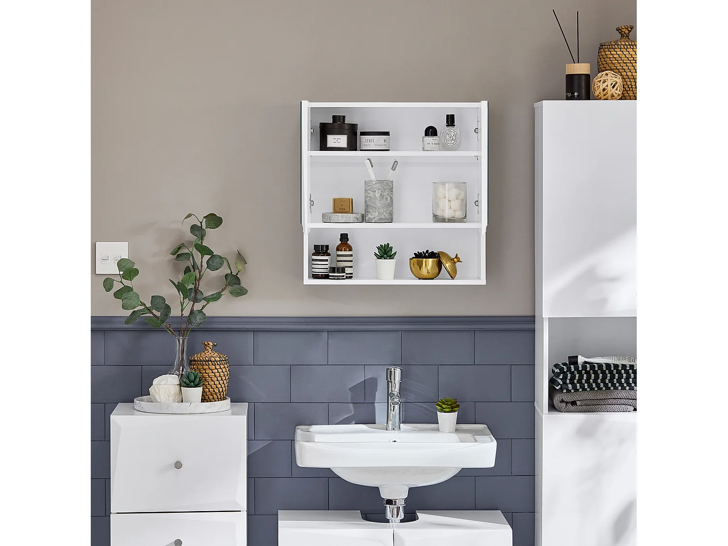 Meuble Haut De Salle De Bain Meuble Mural, 2 Portes Et Miroirs 1 Compartiment 3 Niveaux, BZr94-w