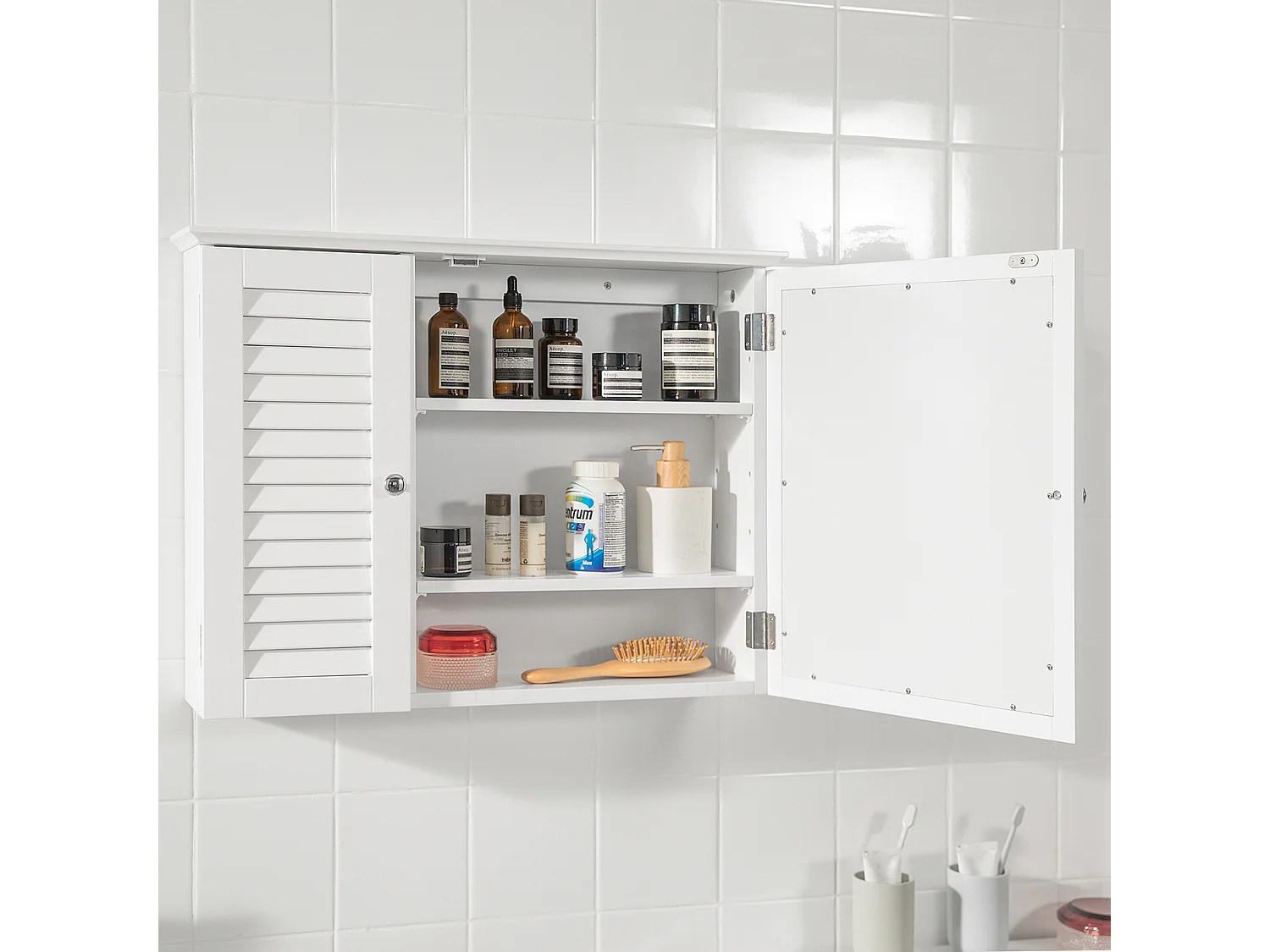 Armoire Miroir Meuble De Salle De Bain Avec Porte Meuble De Rangement Mural, BZr55-w