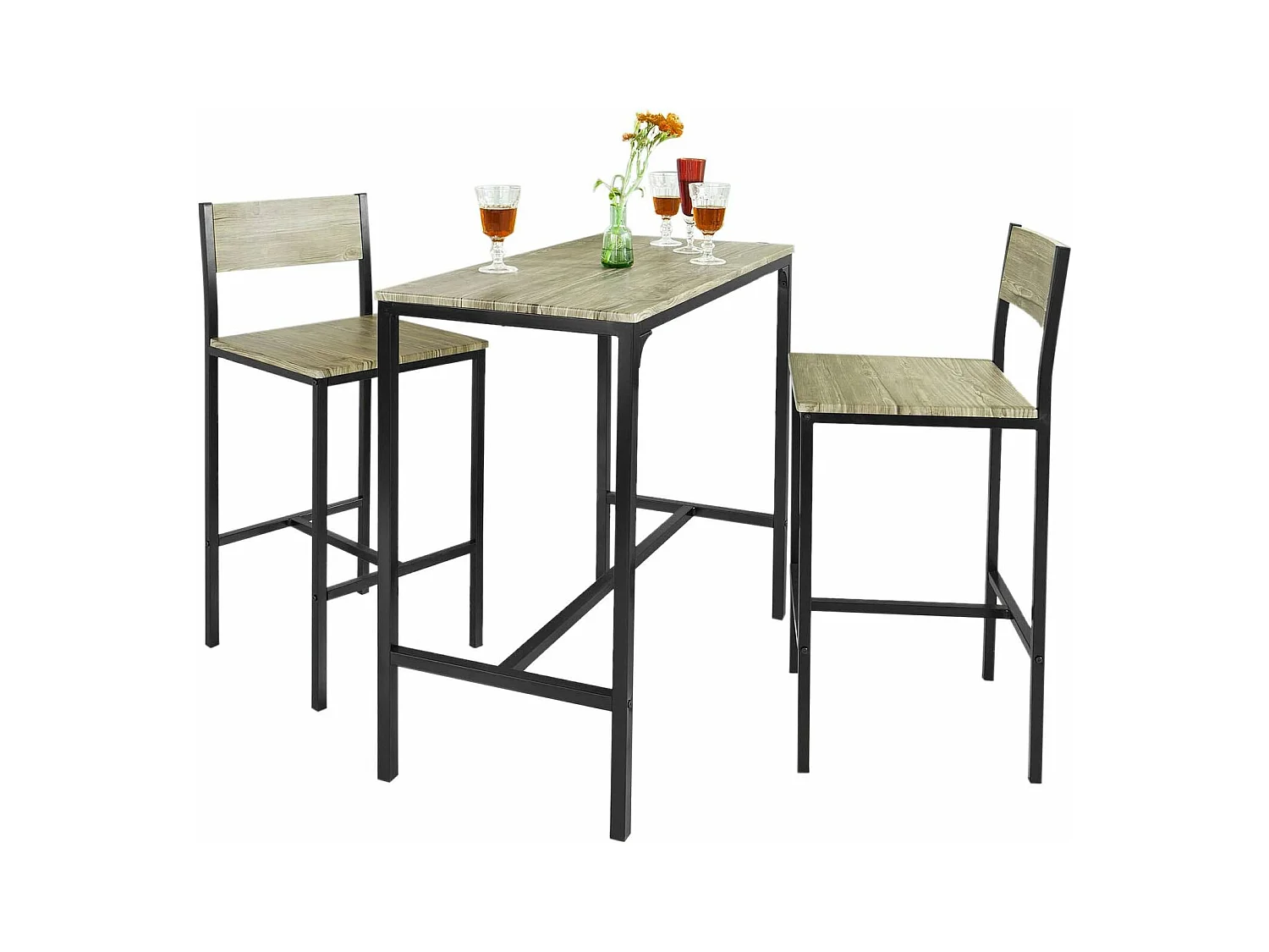 Ensemble Table De Bar + 2 Chaises Set De 1 Table + 2 Tabouret Haut De Bar Table Haute, Ogt03-n