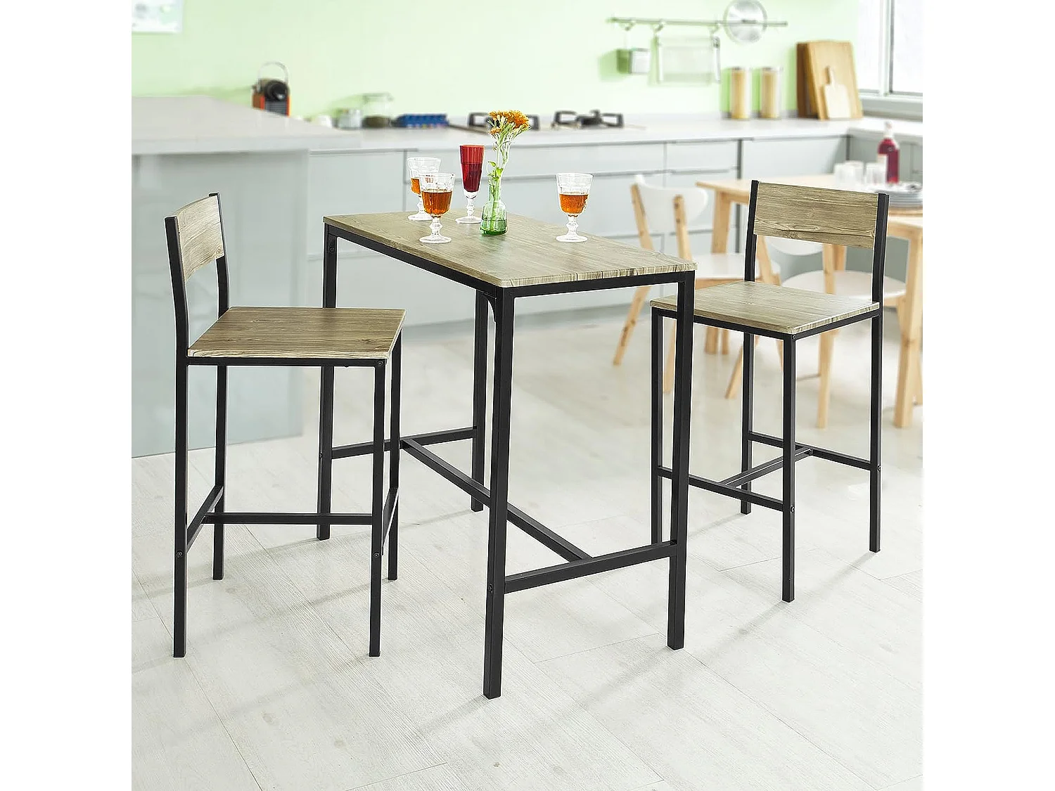 Ensemble Table De Bar + 2 Chaises Set De 1 Table + 2 Tabouret Haut De Bar Table Haute, Ogt03-n