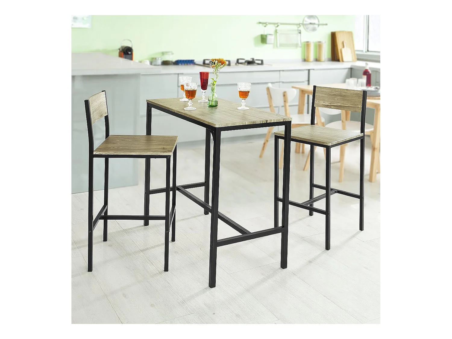Ensemble Table De Bar + 2 Chaises Set De 1 Table + 2 Tabouret Haut De Bar Table Haute, Ogt03-n