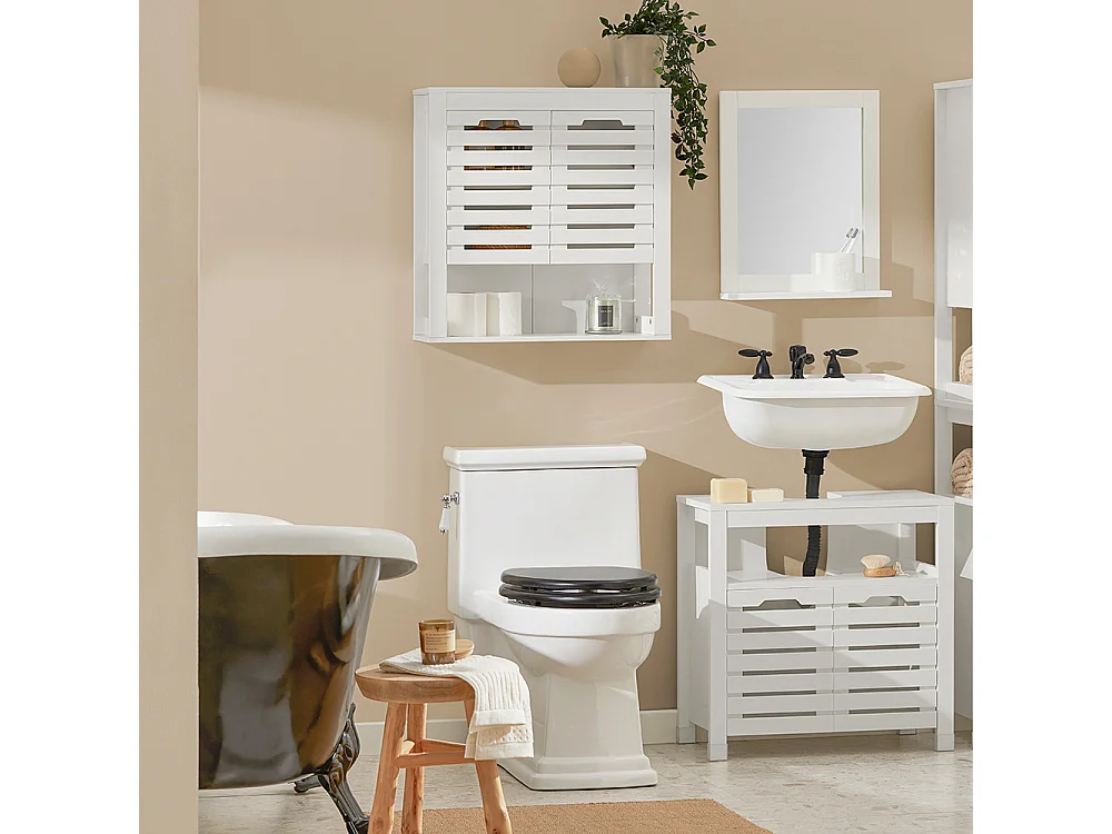 SoBuy BZR51-W Badkamer Wandkast, Hoge Kast, Hangkast, Badkamerkast Hangend, Badkamer Opbergkast met 3 Planken en 2 Deuren