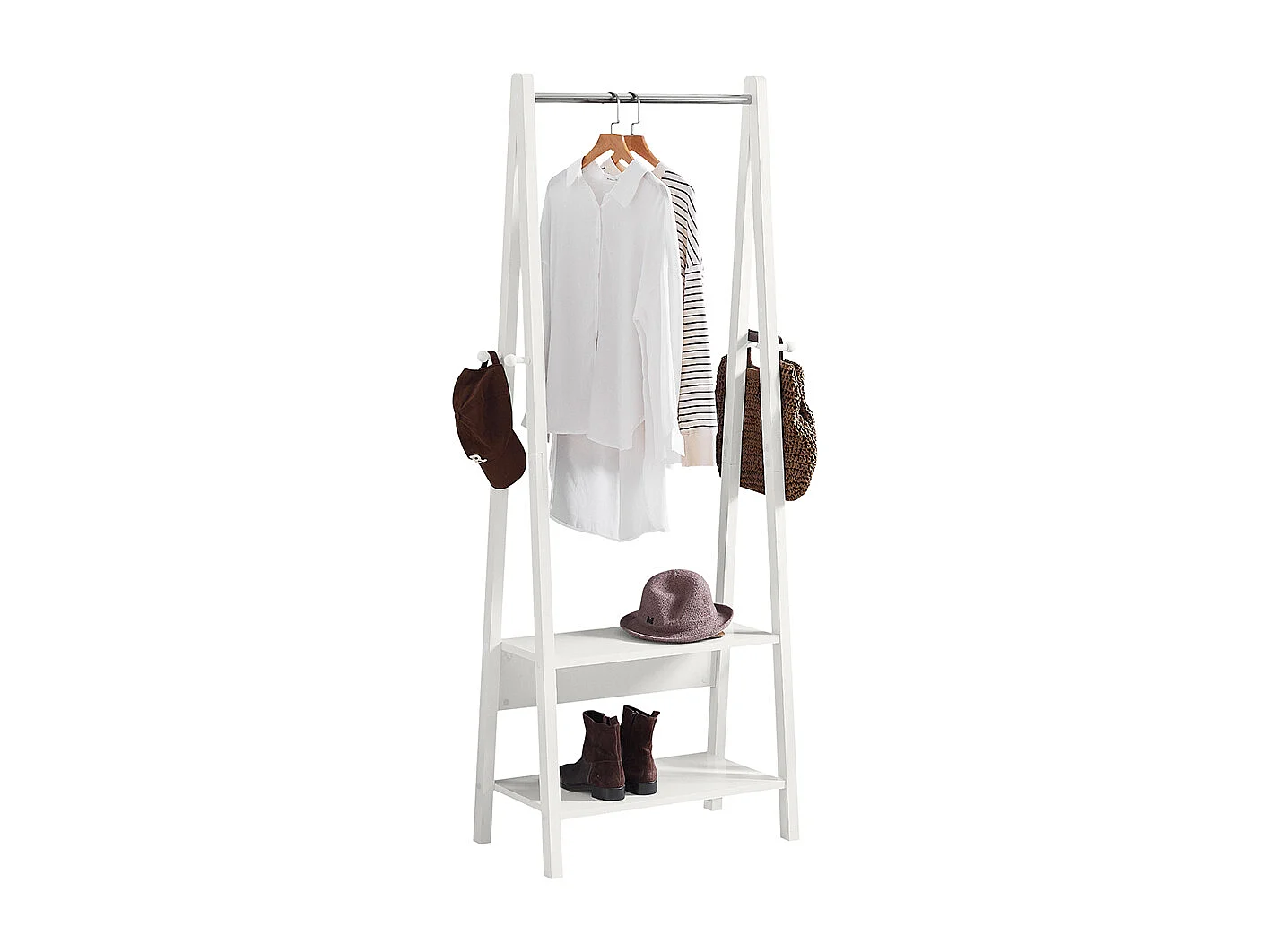 Porte-vêtement En Bois Penderie À Vêtement Porte-manteau Avec Deux Étagères –blanc, Frg59-w