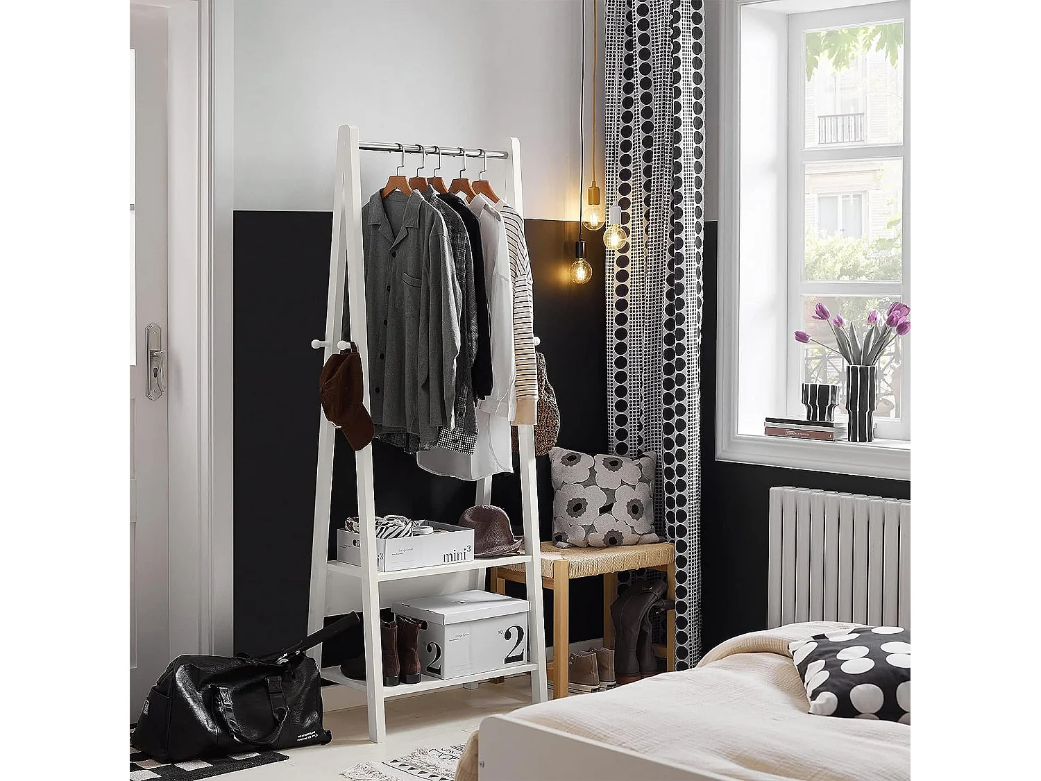 Porte-vêtement En Bois Penderie À Vêtement Porte-manteau Avec Deux Étagères –blanc, Frg59-w