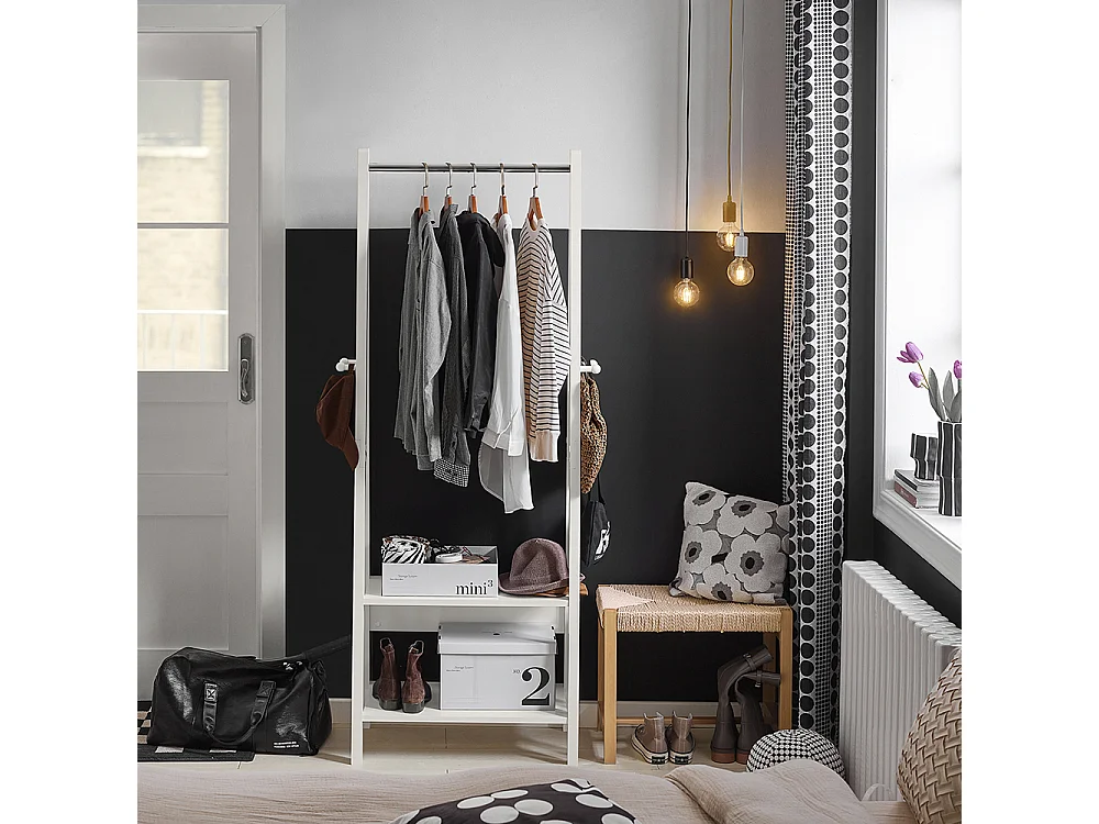 Porte-vêtement En Bois Penderie À Vêtement Porte-manteau Avec Deux Étagères –blanc, Frg59-w