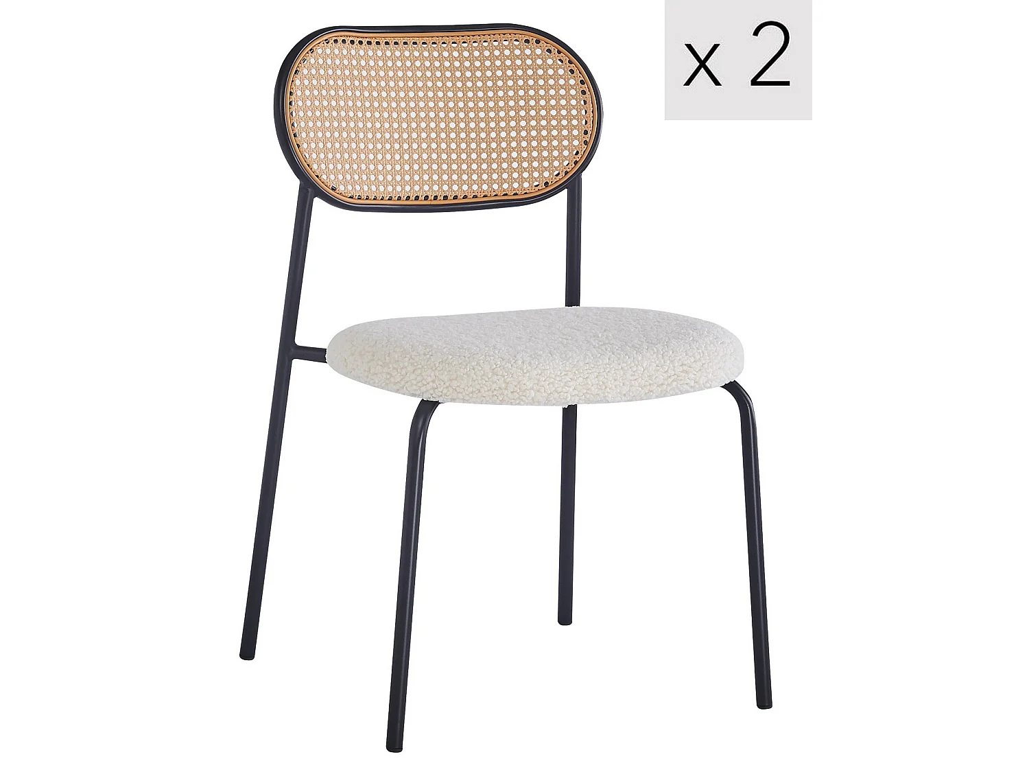 Lot de 2 chaises en métal et cannage avec assise bouclettes