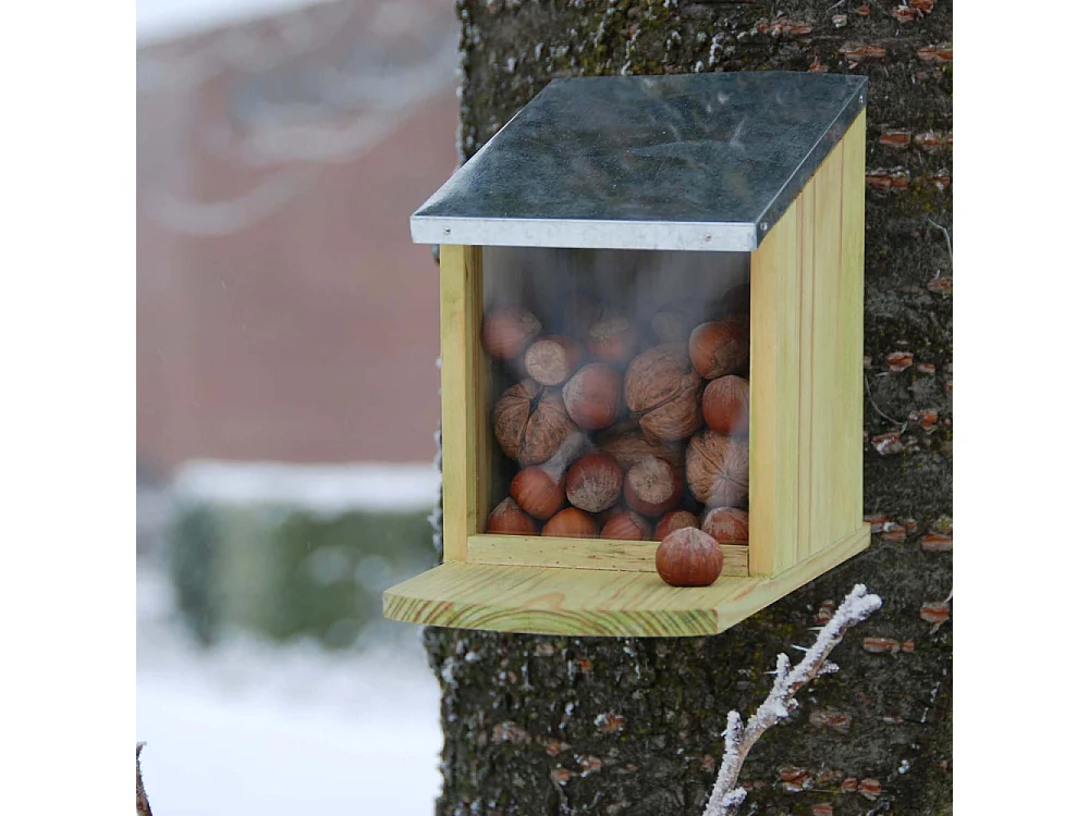 Mangiatoia per scoiattoli in legno e zinco