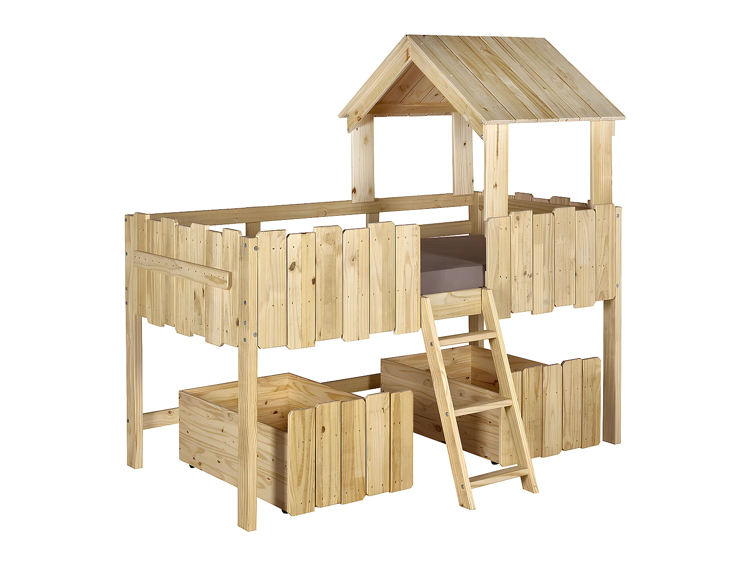Pack lit cabane mi-hauteur avec tiroirs et matelas Donnie 90x190 cm bois massif bois naturel DONNIE