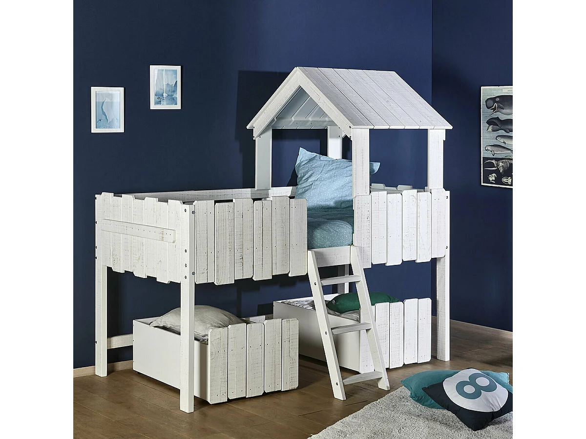 Lit cabane mi-hauteur avec tiroirs 90x190 cm bois massif blanc DONNIE