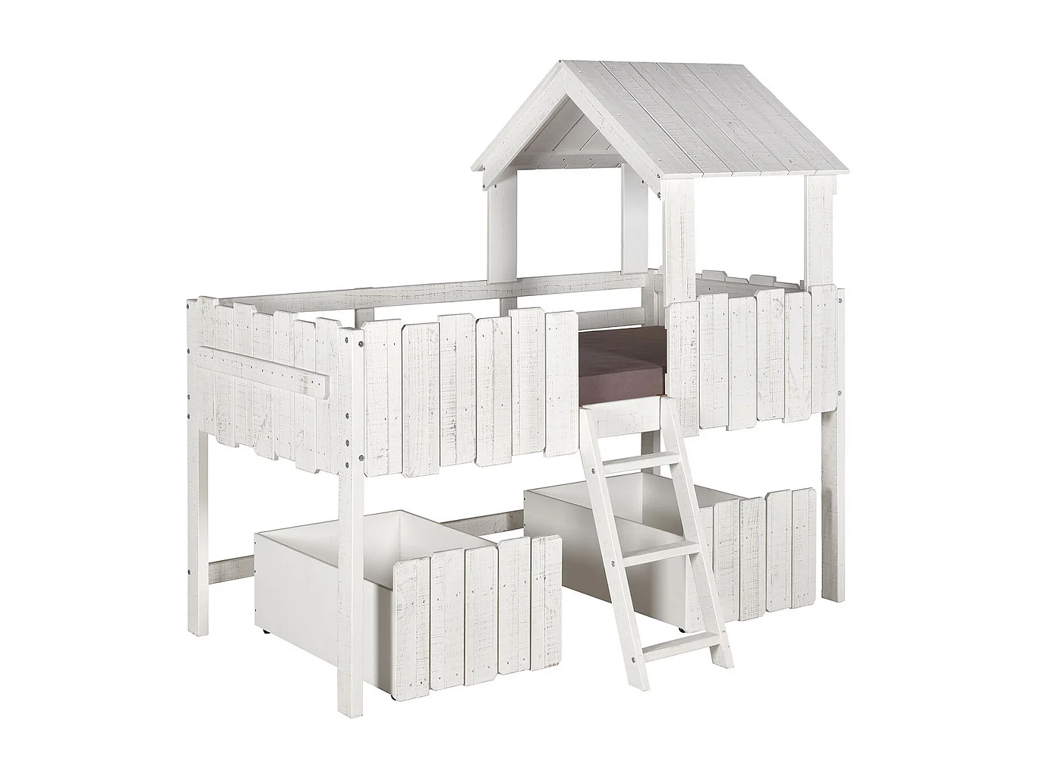 Lit cabane mi-hauteur avec tiroirs 90x190 cm bois massif blanc DONNIE