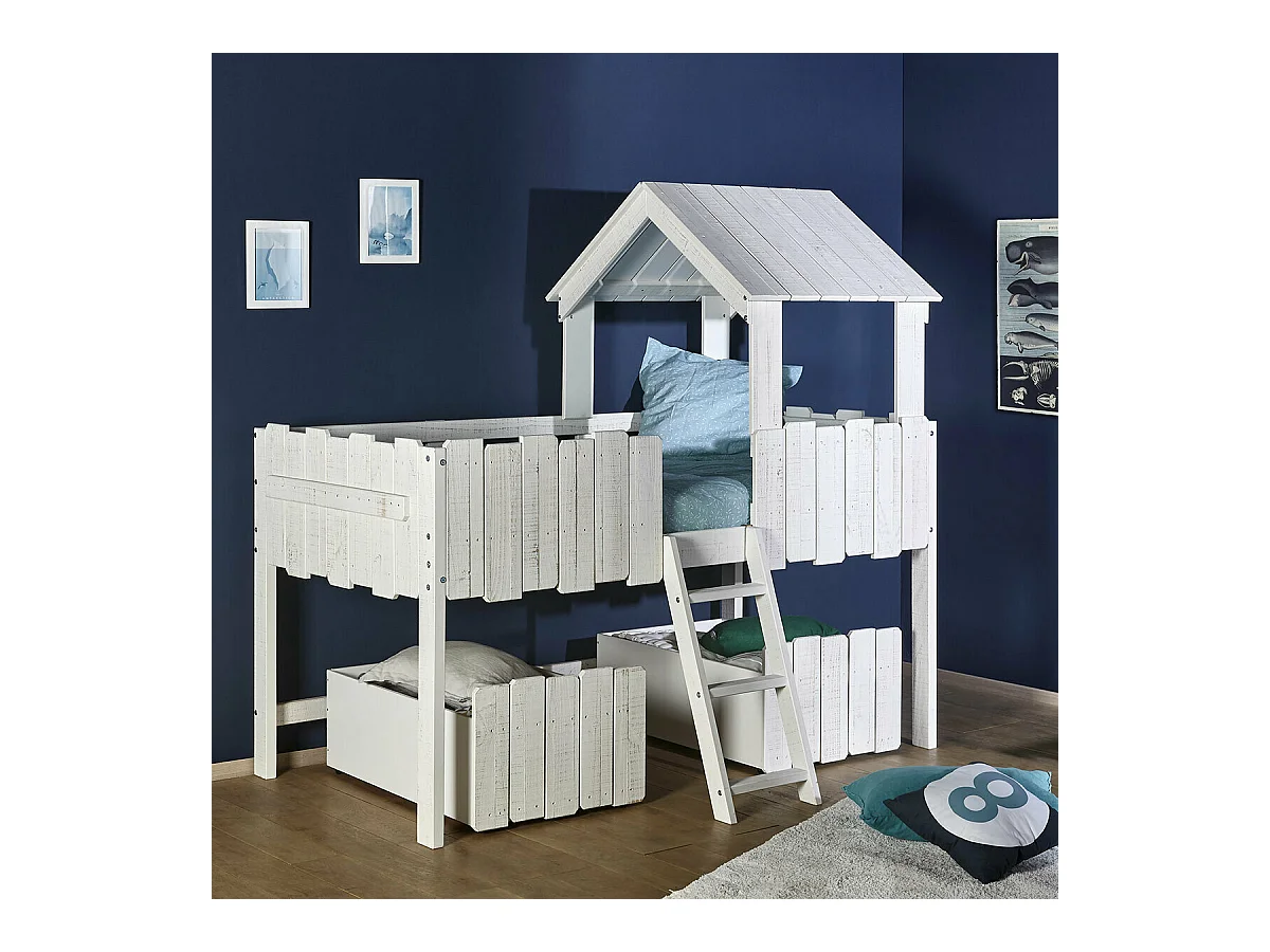 Lit cabane mi-hauteur avec tiroirs 90x190 cm bois massif blanc DONNIE