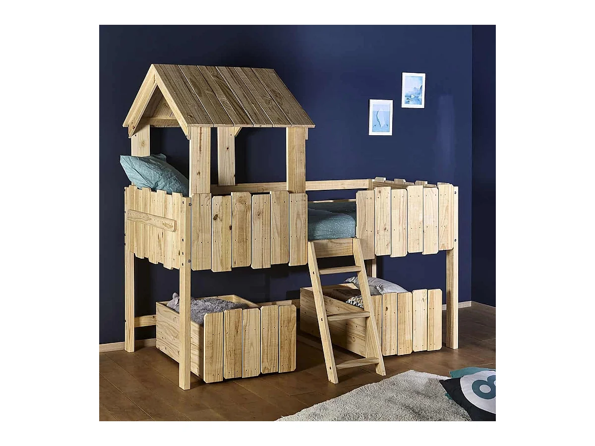 Lit cabane mi-hauteur avec tiroirs 90x190 cm bois massif bois naturel DONNIE