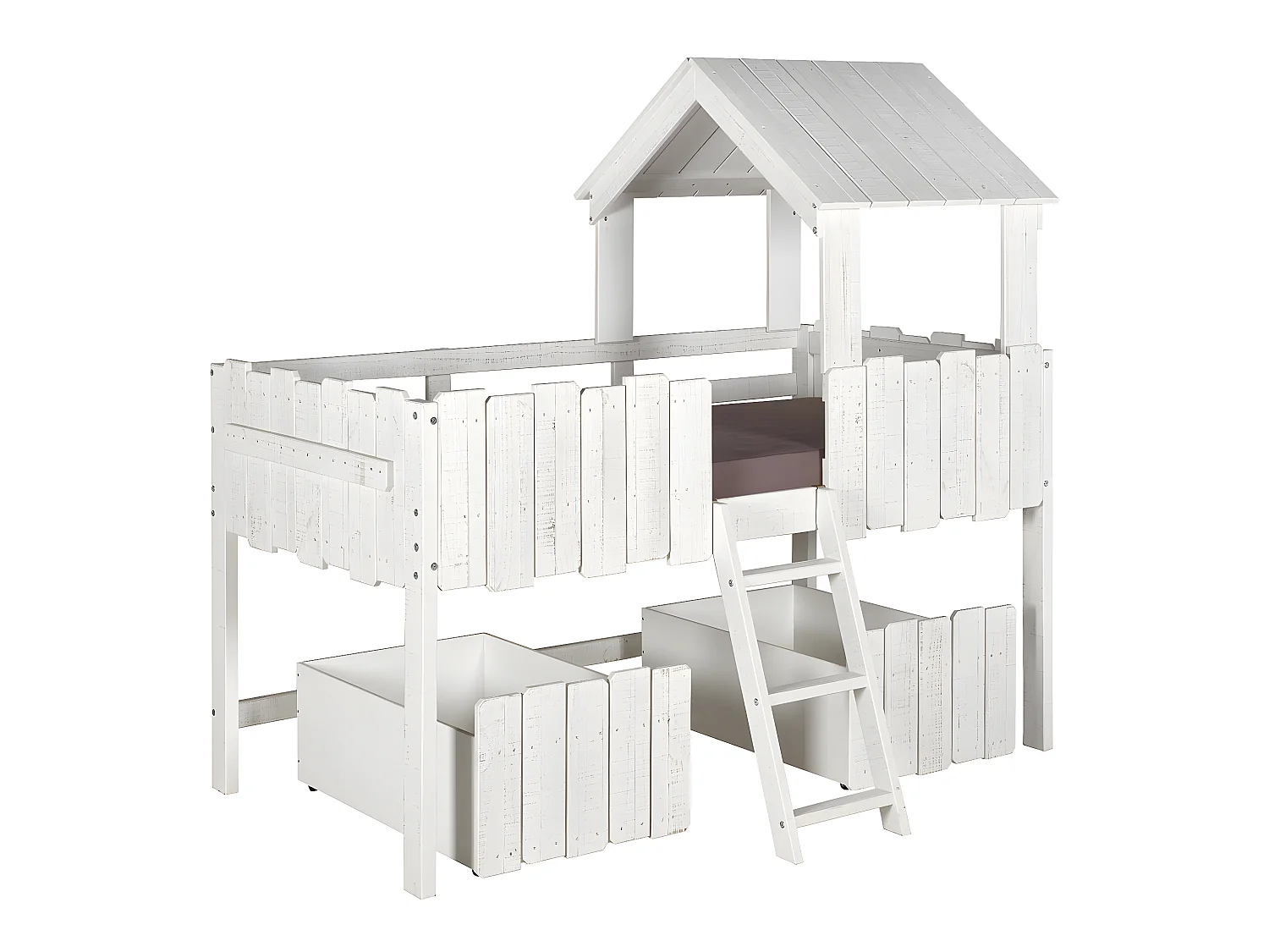 Pack lit cabane mi-hauteur avec tiroirs et matelas Donnie 90x190 cm bois massif blanc DONNIE