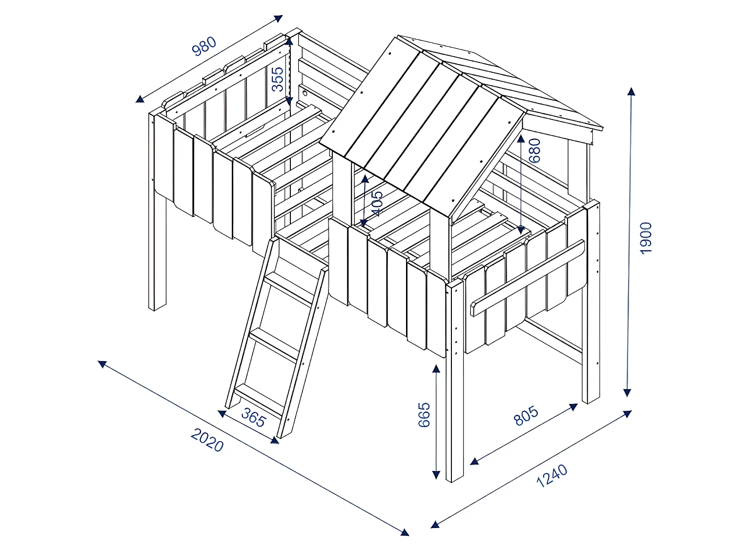 Pack lit cabane mi-hauteur avec tiroirs et matelas Donnie 90x190 cm bois massif blanc DONNIE