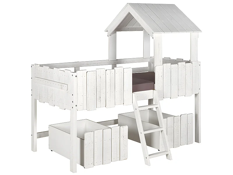 Pack lit cabane mi-hauteur avec tiroirs et matelas Donnie 90x190 cm bois massif blanc DONNIE