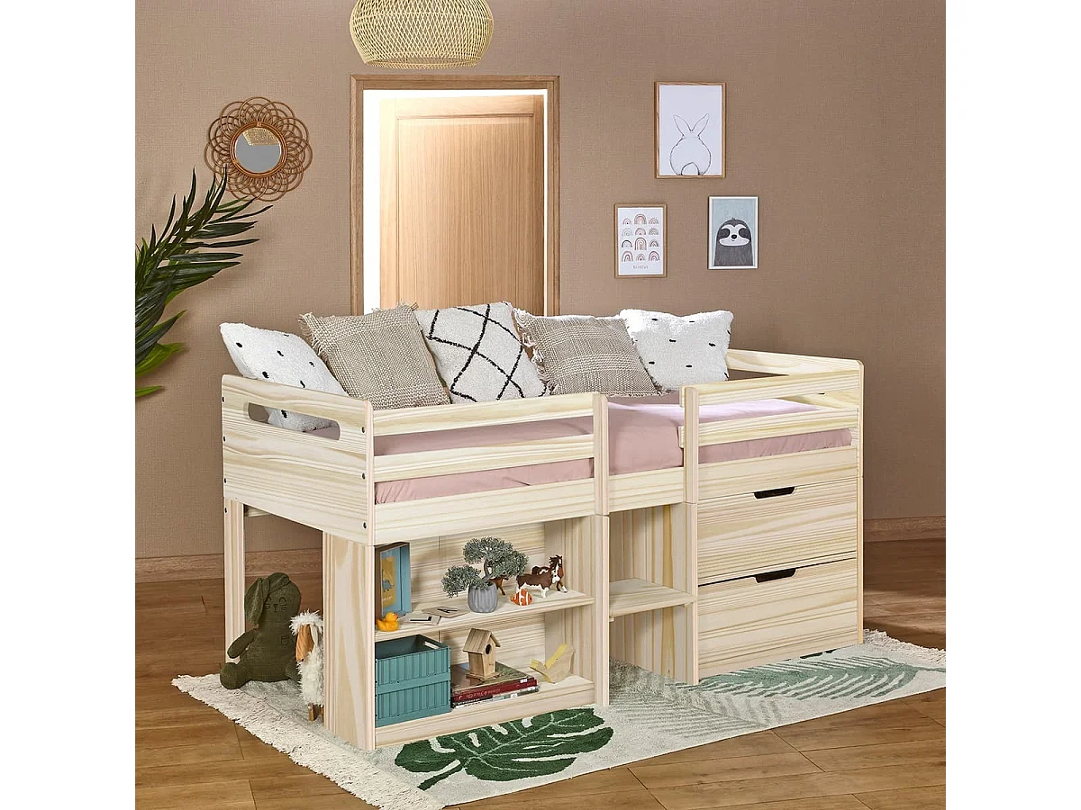 Lit mi-hauteur 90x190 cm bois massif bois HOBY