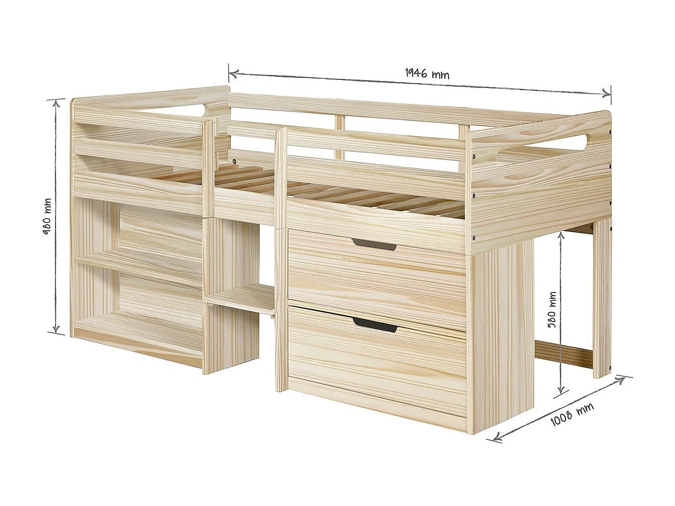 Lit mi-hauteur 90x190 cm bois massif bois HOBY